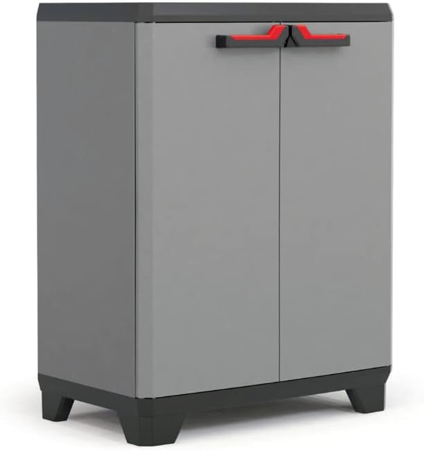 Keter Armoire Utilitaire STILO - Armoire De Rangement En Résine Multifonctions - Étagères Et Pieds Ajustables, Poignée Soft Touch - Cuisine, Garage, Atelier - 68 X 39 X 173 Cm - Gris/Noir/Rouge