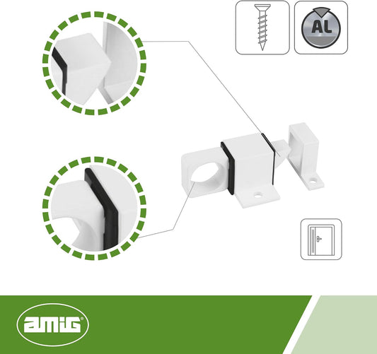 Amig - Verrou En Applique Pour Fenêtres 960, Loqueteau à Douille Avec Gâche Pour Fermeture Horizontale Ou Verticale, En Aluminium Finition En Blanc, 22 X 40 Mm, Tire-fonds Inclus