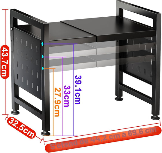 SAYZH Etagere Micro Onde Extensible - Largeur Réglable 40-70 Cm - Hauteur 3 Niveaux Ajustable - Avec Support Planche à Découper, Porte-Torchons Et 10 Crochets - Rangement 2 Niveaux Pour Cuisine