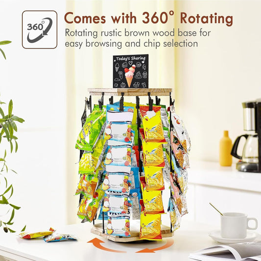 Présentoir à Snacks - Support À Chips Organisateur Avec Porte-Étiquettes - 5 Niveaux 40 Pinces Plateau Tournant 360° Avec Tableau D'Affichage Pour Organisation De Cuisine Et Garde-Manger