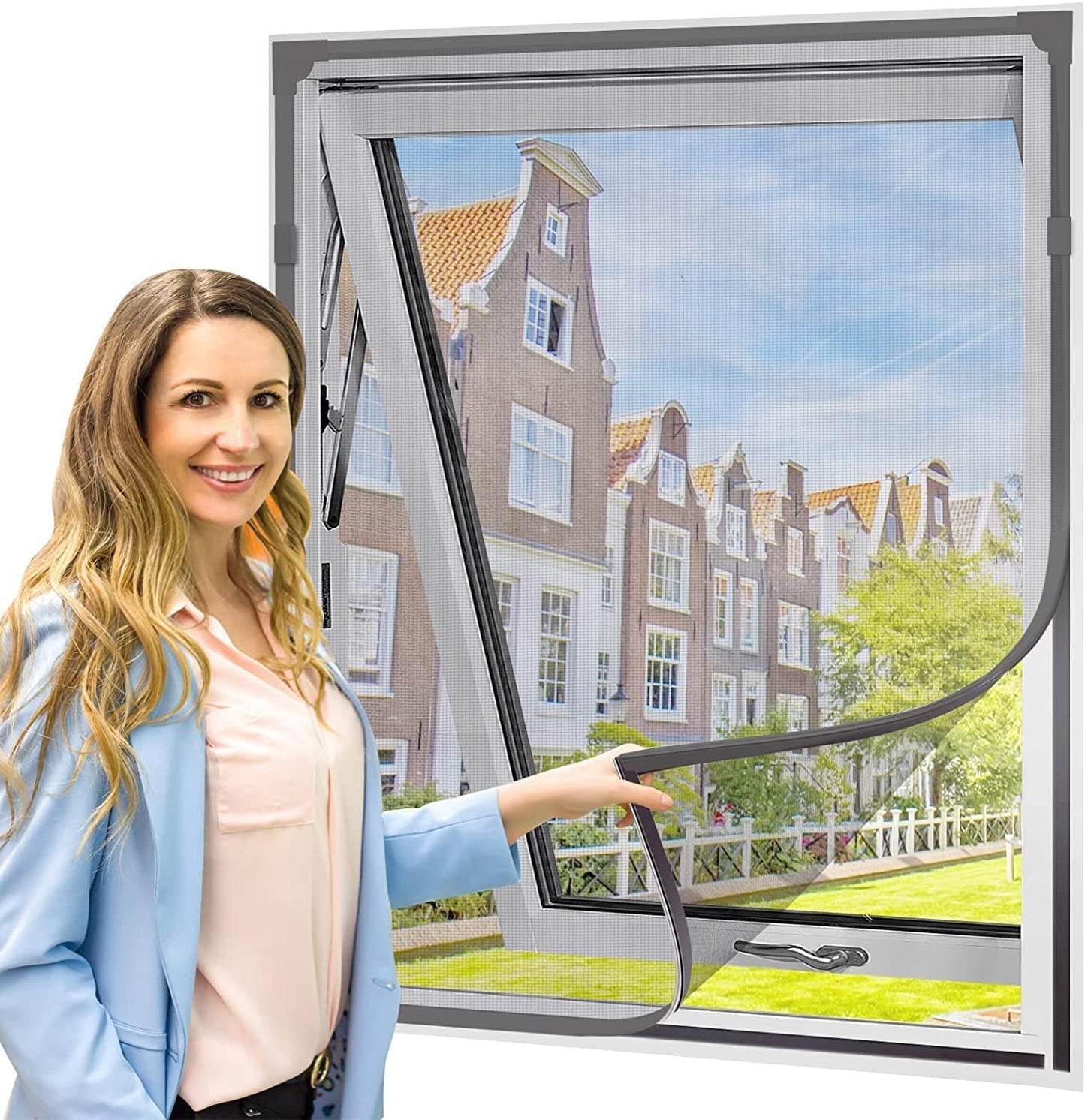 Adjustable Window Screen Replacement Magnetic Window Screen - Grey Fiberglass Mesh - No Drilling - Easy To Cut - For Sliding, Swing, Hanging On Top - Fits