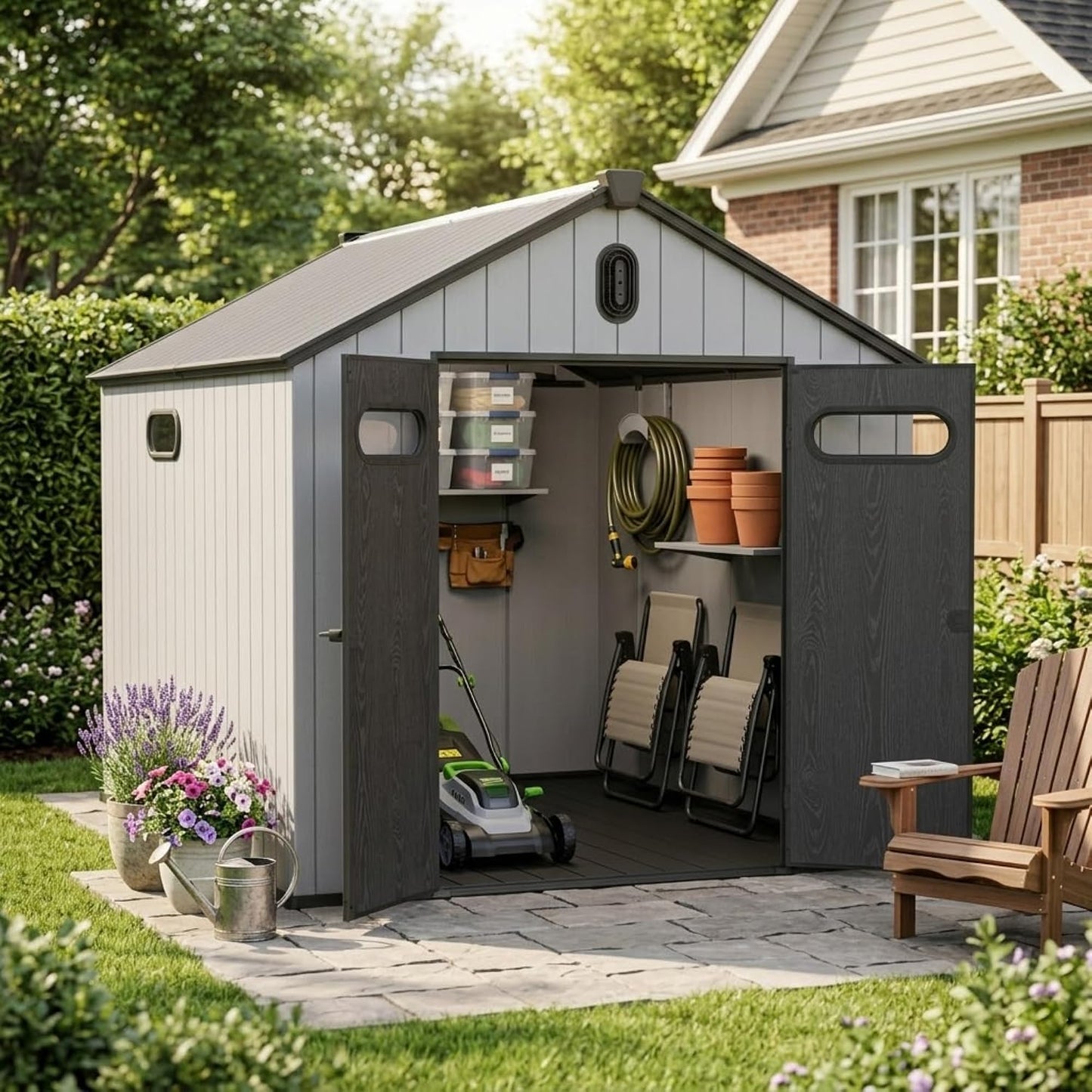 Abri De Jardin Résine 187x240 Cm – Cabanon Rangement Extérieur, Toit-Pointu, Double-paroi, Porte 180° – Pour Outils, Vélos, Tondeuse – Gris/Blanc