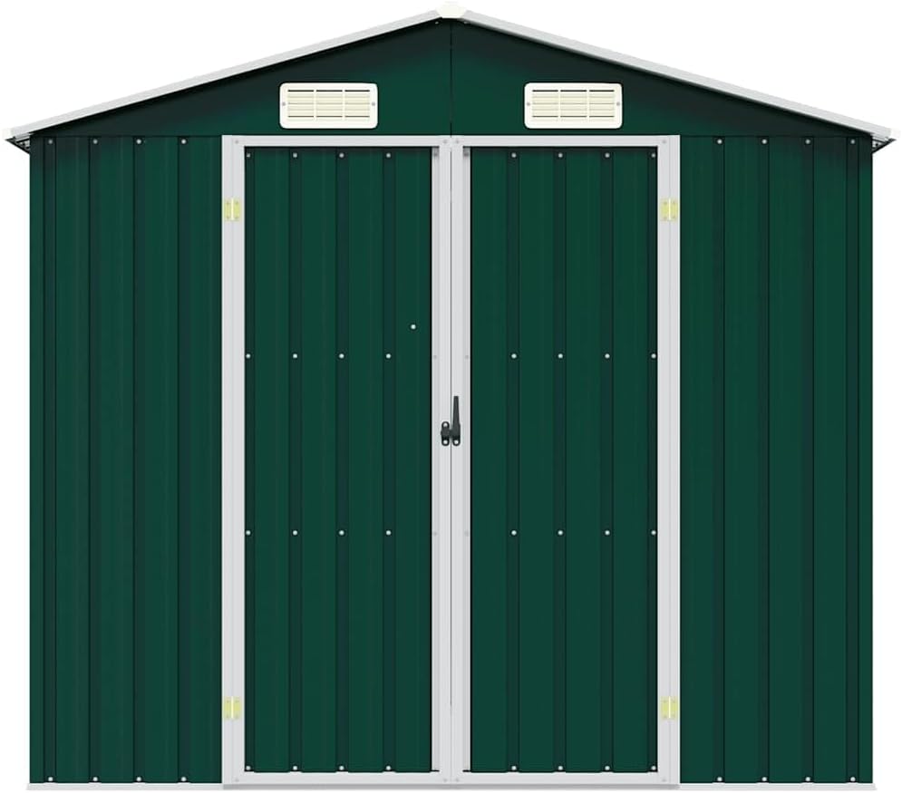  Abri De Jardin Vert En Métal Galvanisé 205x129x183 Cm, Cabanon De Rangement Pour Outils Et Mobilier Extérieur Avec Ventilation Et Portes Doubles