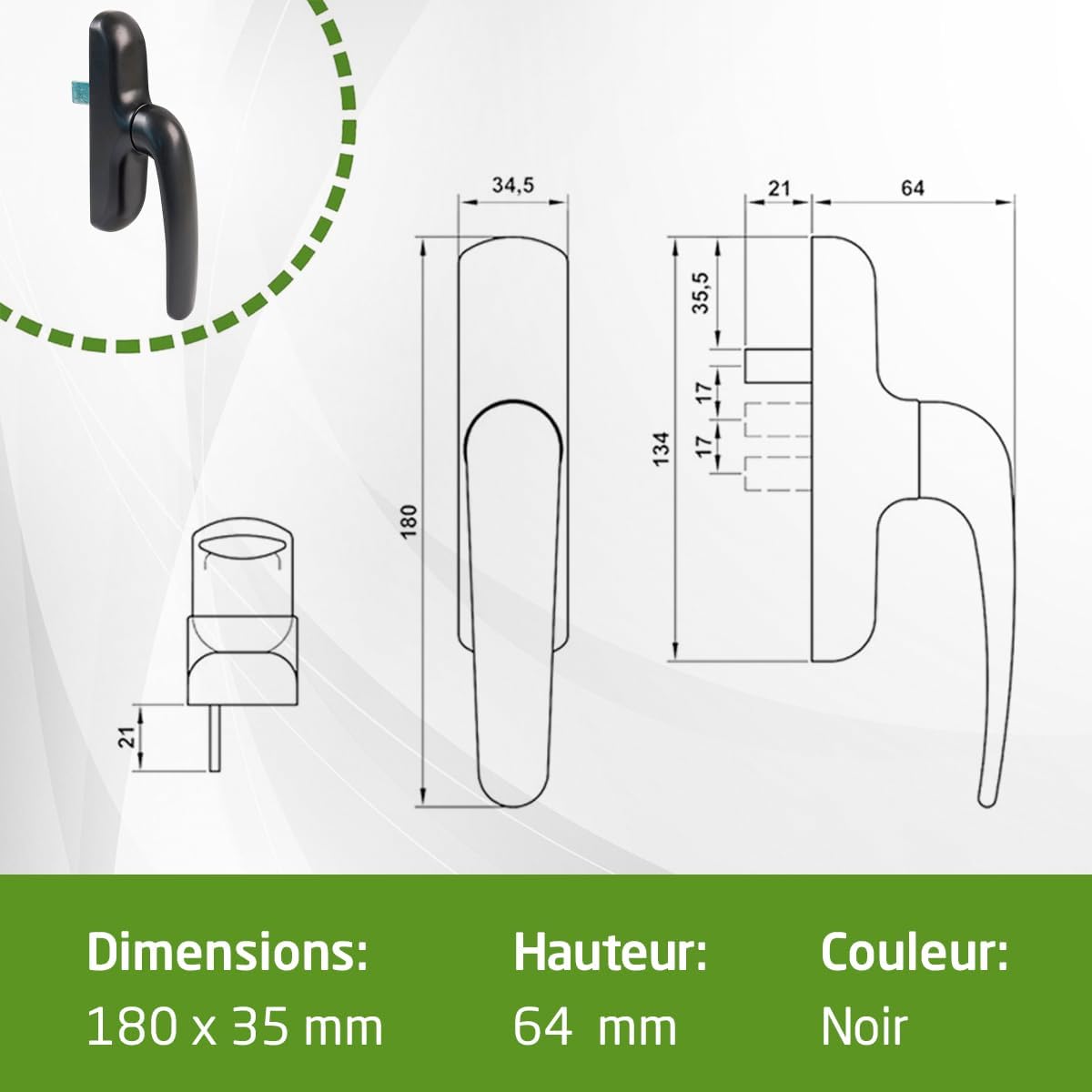  Amig - Poignée Pour Fenêtres Oscillo-battantes Avec Base En Aluminium Et Revêtement En PVC Noir Avec Vis Invisibles - 180 X 35 Mm - Hauteur 64 Mm - Sans Carré