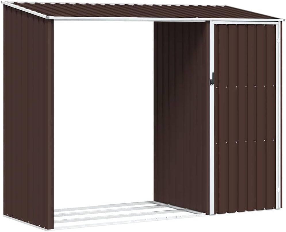  Abri De Jardin Acier Galvanisé 245x98x159 Cm Anthracite, Râtelier à Bûches 2 En 1 Pour Rangement Extérieur D'outils Et Bois De Chauffage, Toit En Pente Pour écoulement D'eau