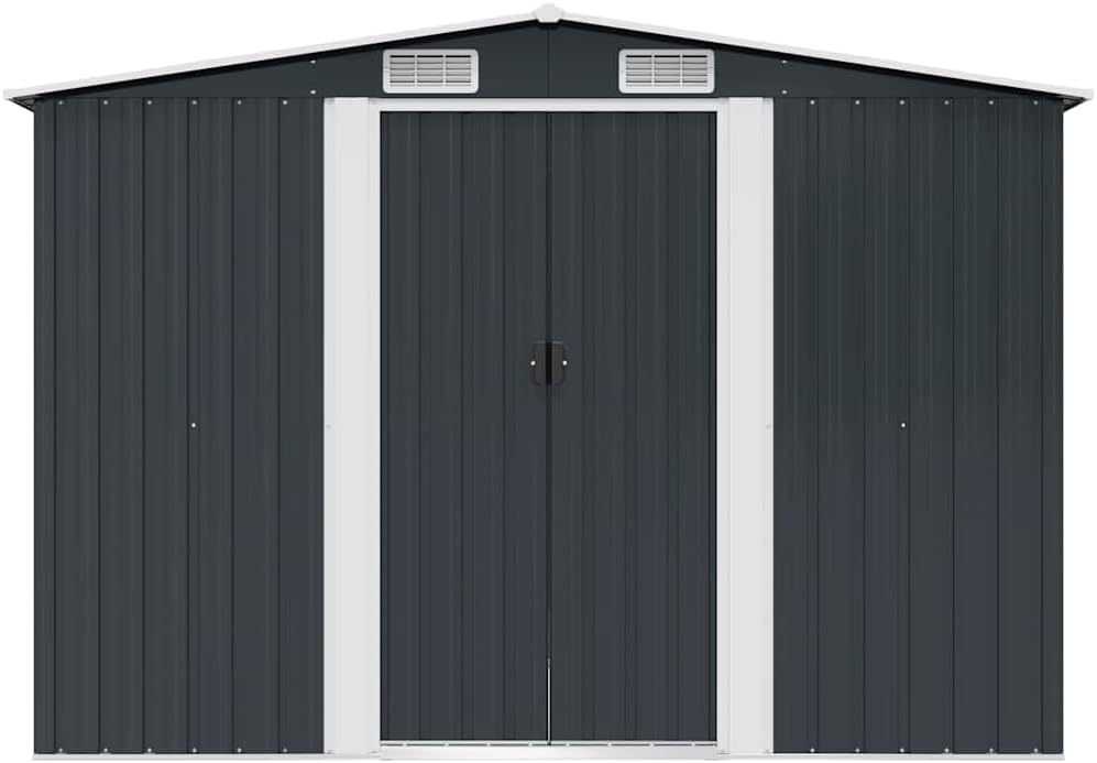  Abri De Rangement Extérieur En Métal Anthracite 257x205x178 Cm, Abri De Jardin Outillage Avec Doubles Portes Coulissantes Et 4 Aérations, Acier Galvanisé Résistant à La Corrosion