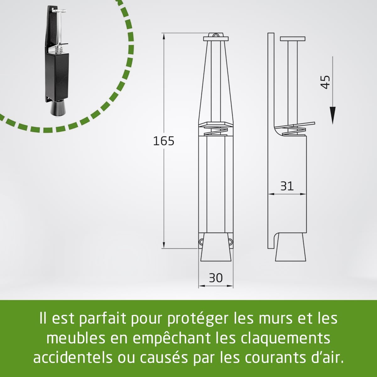  Amig - Retenue De Pied En Caoutchouc Pour Fixer Et Maintenir Les Portes Ouvertes - Dimensions : 165 X 30 Mm - Tour : 28 Mm - Butée Verticale Zamak - Noir - Anti Supports