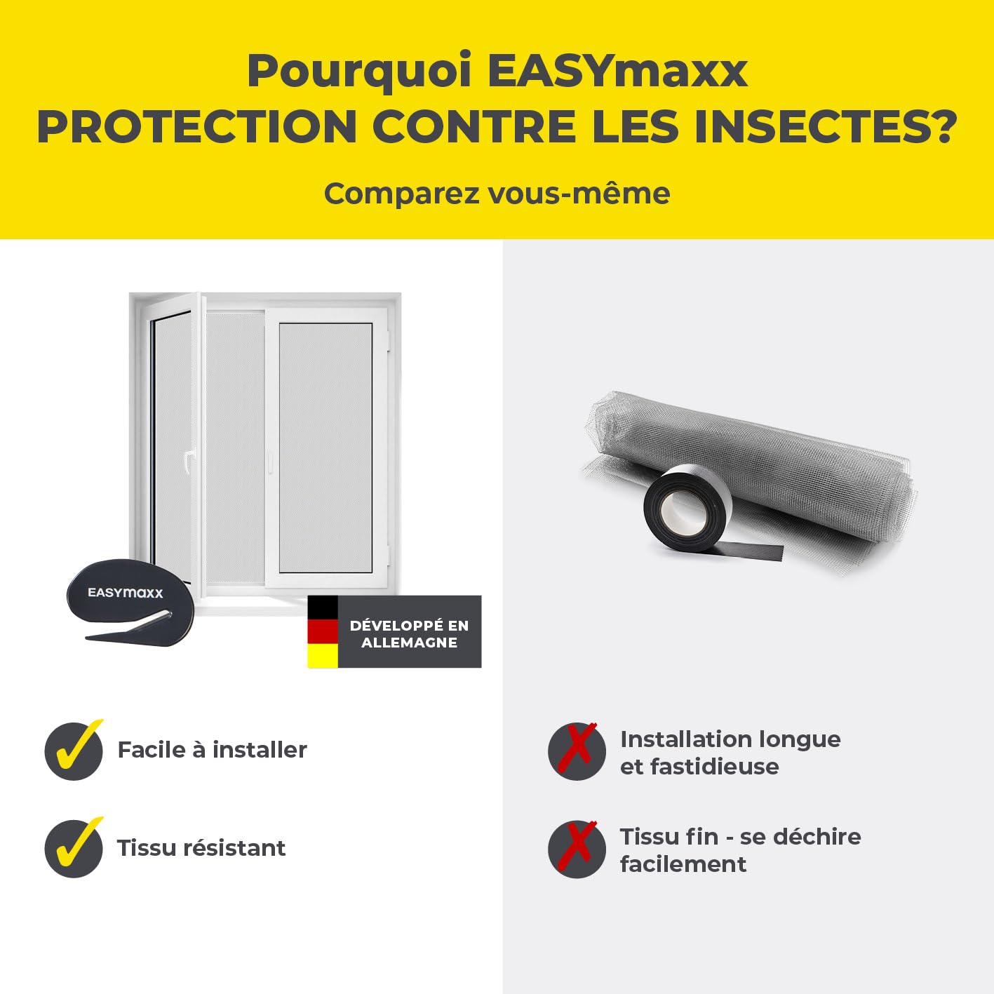  EASYmaxx Moustiquaire Pour Fenêtre Avec Bande Auto-agrippante | Découpable Jusqu’à 130 X 150 Cm | Montage Facile – Sans Percer Ni Visser | Filet Anti-insectes Autocollant - 1 Pièce [Noir]