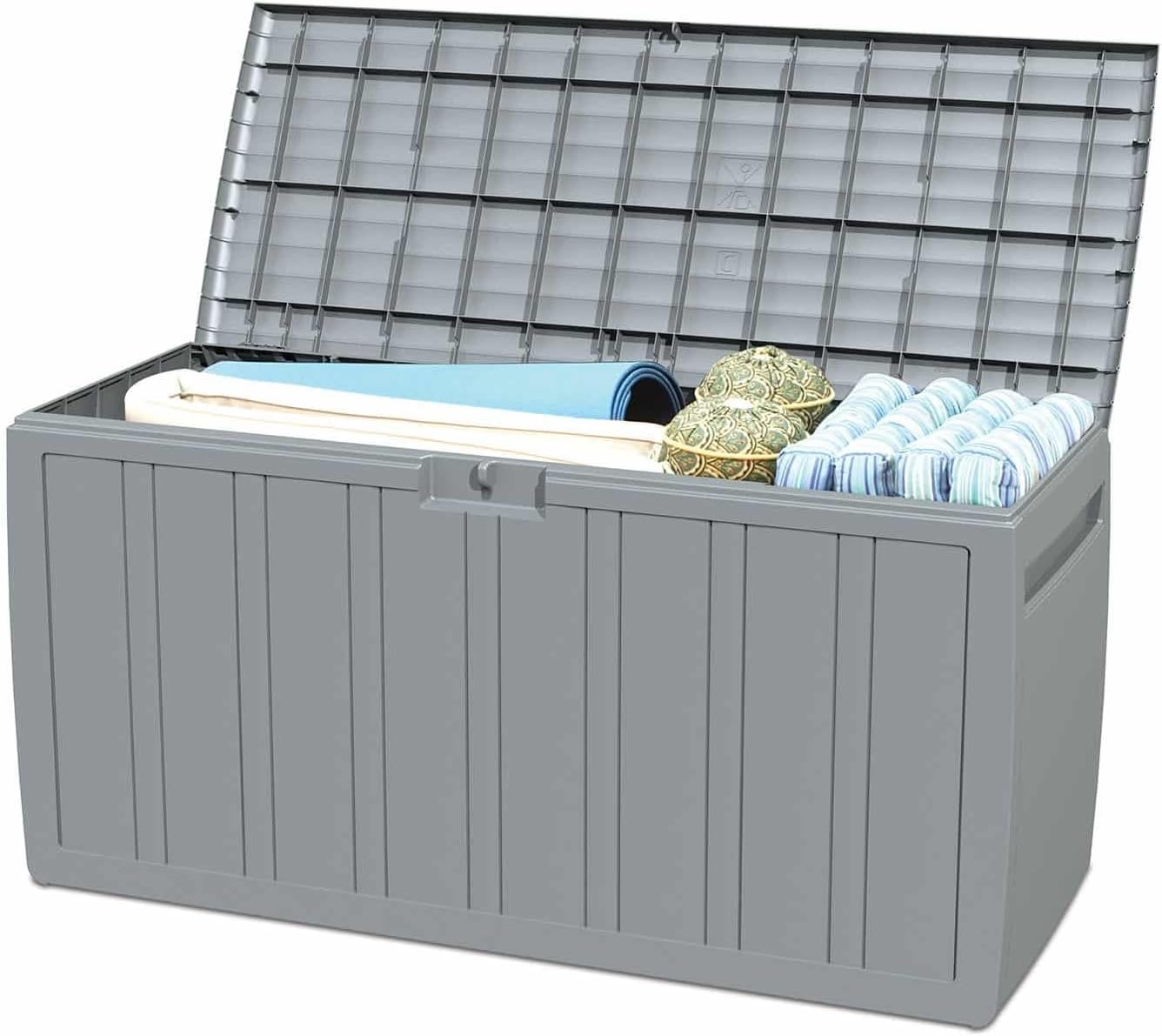  Gardiun Coffre De Rangement Fabriqué En Résine Top 117 X 45,5 X 57,50 Cm 270 L Montage En Clic Avec Système De Fermeture Gris