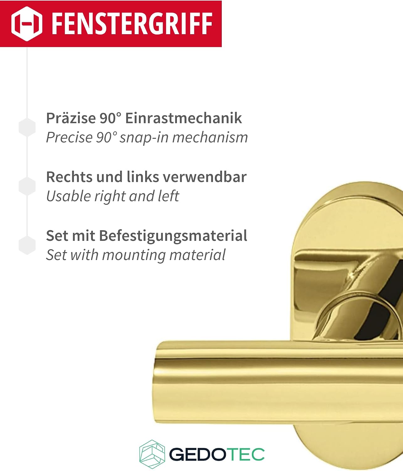  Gedotec Poignée Fenêtre Sécurité Métal - Profilé En Acier Inoxydable Fermeture Baie Coulissante Et Porte De Balcon - Pivotante à 90 ° Sans Serrure - Prise Ergonomique - Laiton Mat -1 Pièce