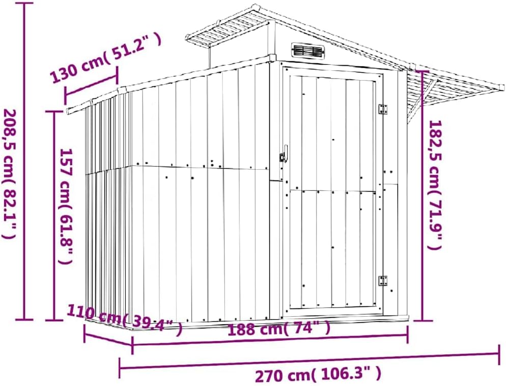  Abri De Jardin Vert En Métal Galvanisé 270x130x208,5 Cm Avec Porte, Aération Et Panneau PC, Rangement Spacieux Pour Outils, Tondeuse, Vélo, Mobilier Extérieur Et Matériel De Jardin