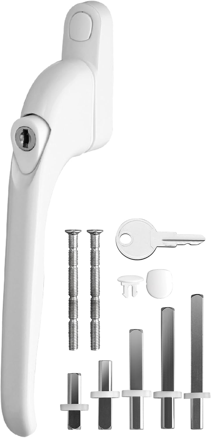  ESynic 1 Lot De Poignées De Fenêtre Blanches Pour Fenêtres En UPVC Verrouillables Universelles Avec Clé, 5 Broches Multiples, Vis Coupables, S'adapte Au Centre De 43 Mm, Pour Fenêtre Et Porte De