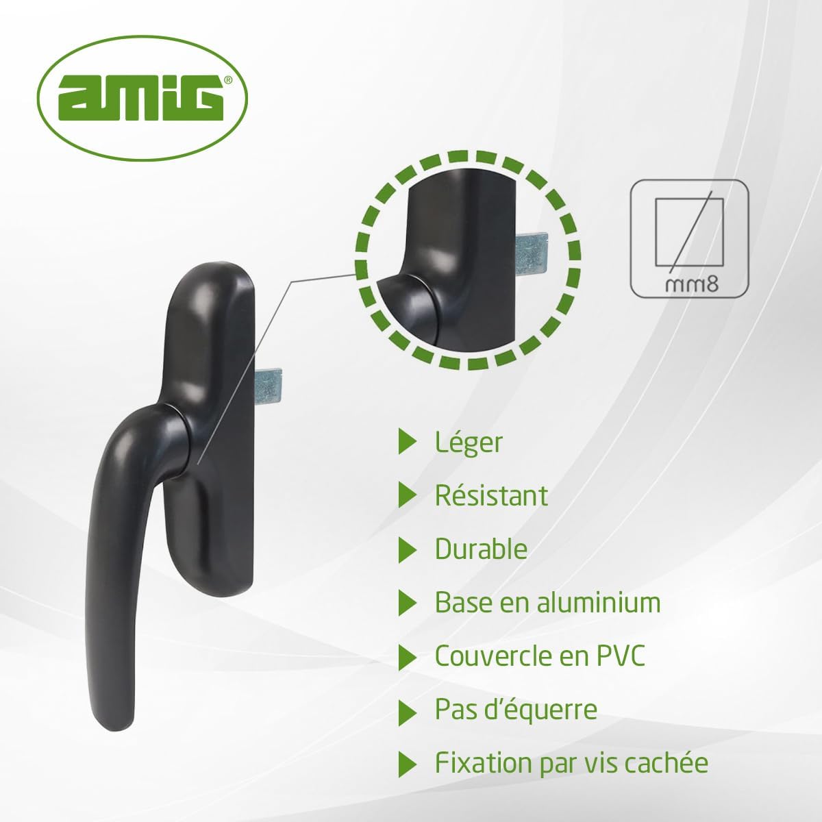  Amig - Poignée Pour Fenêtres Oscillo-battantes Avec Base En Aluminium Et Revêtement En PVC Noir Avec Vis Invisibles - 180 X 35 Mm - Hauteur 64 Mm - Sans Carré