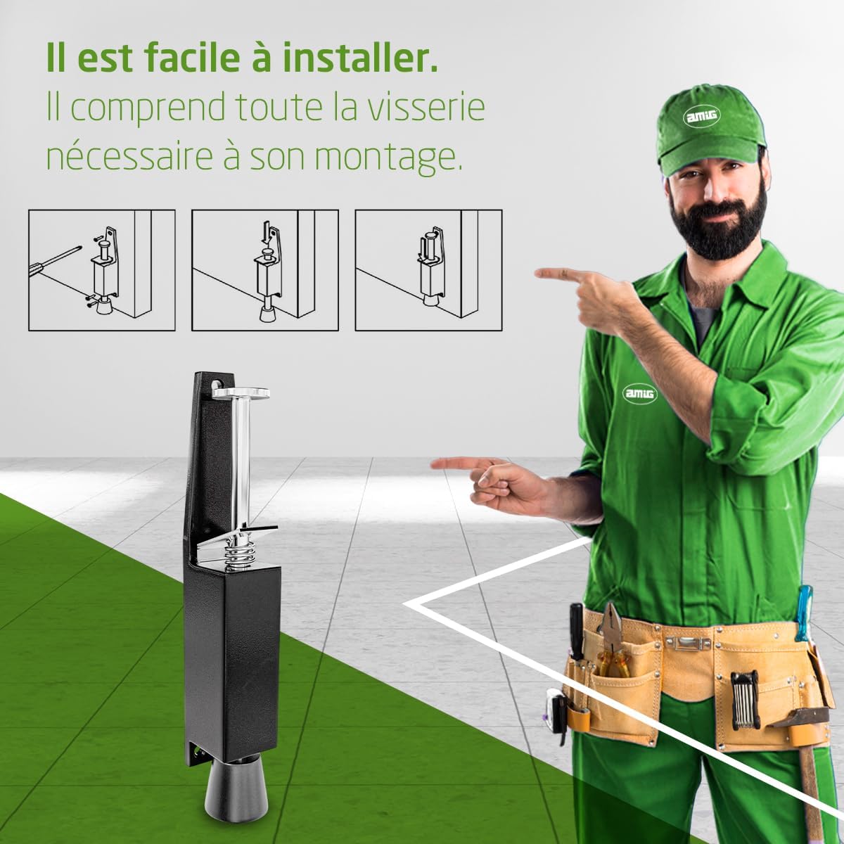  Amig - Retenue De Pied En Caoutchouc Pour Fixer Et Maintenir Les Portes Ouvertes - Dimensions : 165 X 30 Mm - Tour : 28 Mm - Butée Verticale Zamak - Noir - Anti Supports