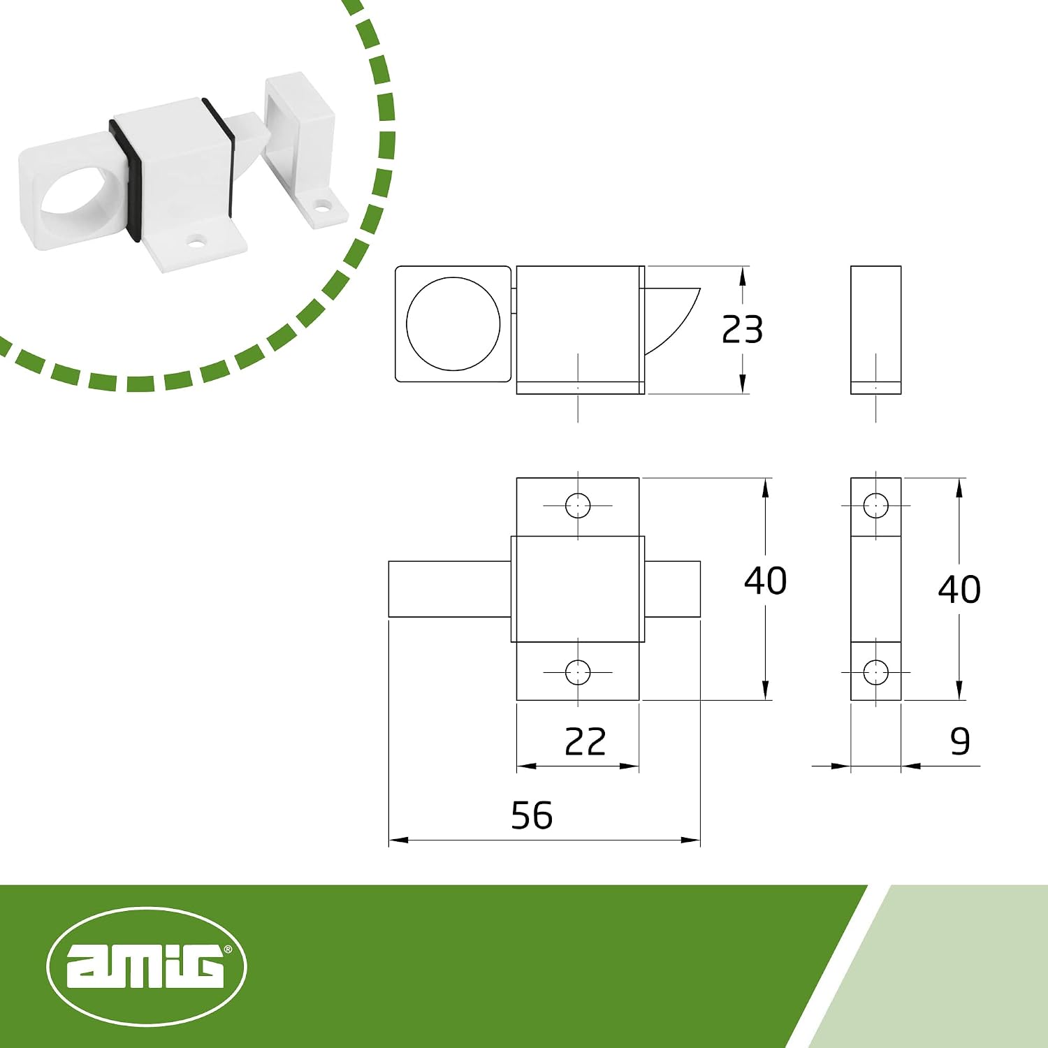  Amig - Verrou En Applique Pour Fenêtres 960, Loqueteau à Douille Avec Gâche Pour Fermeture Horizontale Ou Verticale, En Aluminium Finition En Blanc, 22 X 40 Mm, Tire-fonds Inclus