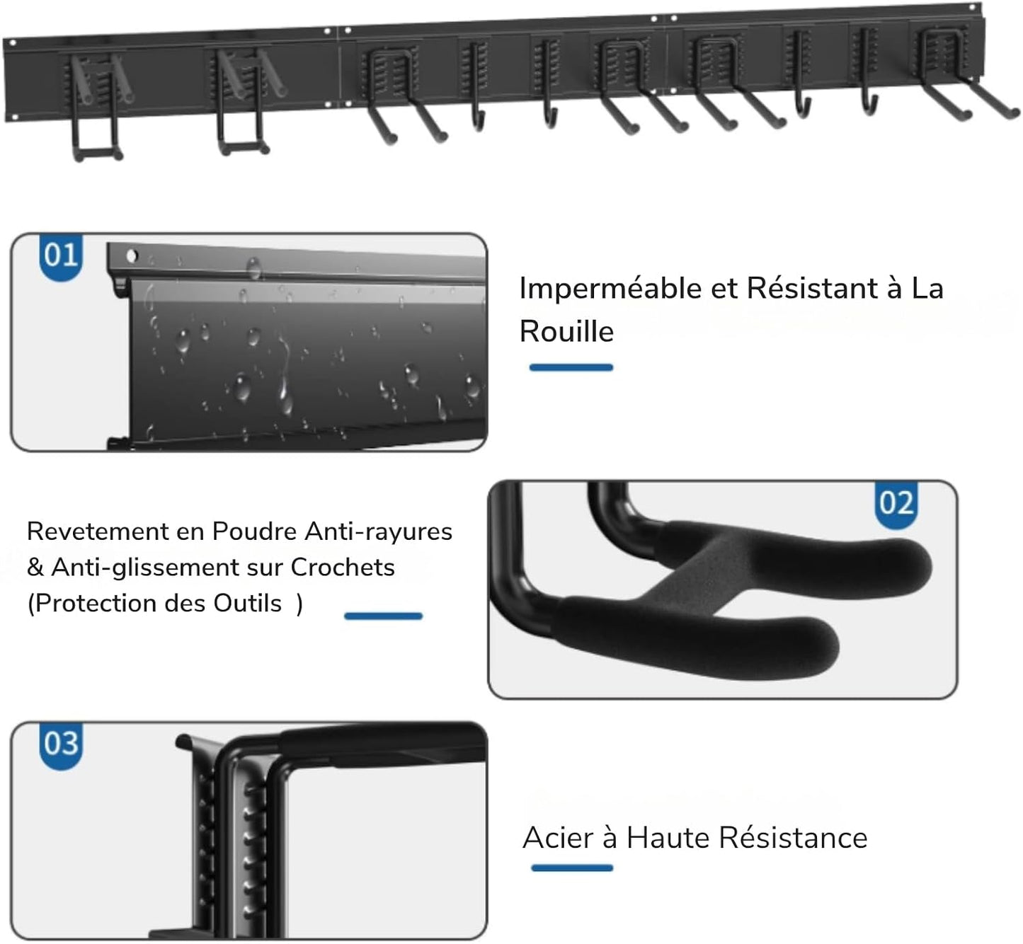  3-H Porte Outils Mural Jardin 120cm, Range Outils De Jardin En Acier Carbone Avec 3 Rails & 10 Crochets De Garage Réglables & 4 Crochets S & 4 Sangles | Support Mural Modulable Pour Ski Balai Râteau
