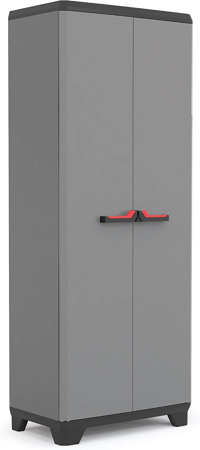  Keter Armoire Utilitaire STILO - Armoire De Rangement En Résine Multifonctions - Étagères Et Pieds Ajustables, Poignée Soft Touch - Cuisine, Garage, Atelier - 68 X 39 X 173 Cm - Gris/Noir/Rouge