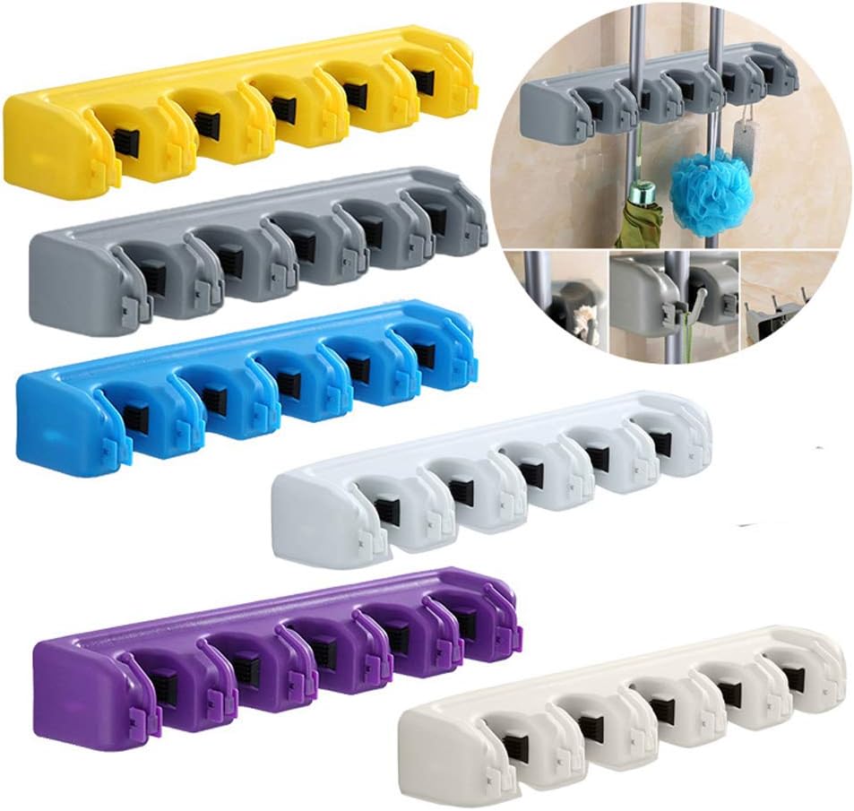  Mop Holder Wall Mounted Mop Holder Broom Garden Tools Storage Hooks Garage Storage 5 Position And 6 Hooks For Home Kitchen Garden (White, 5 Positions)
