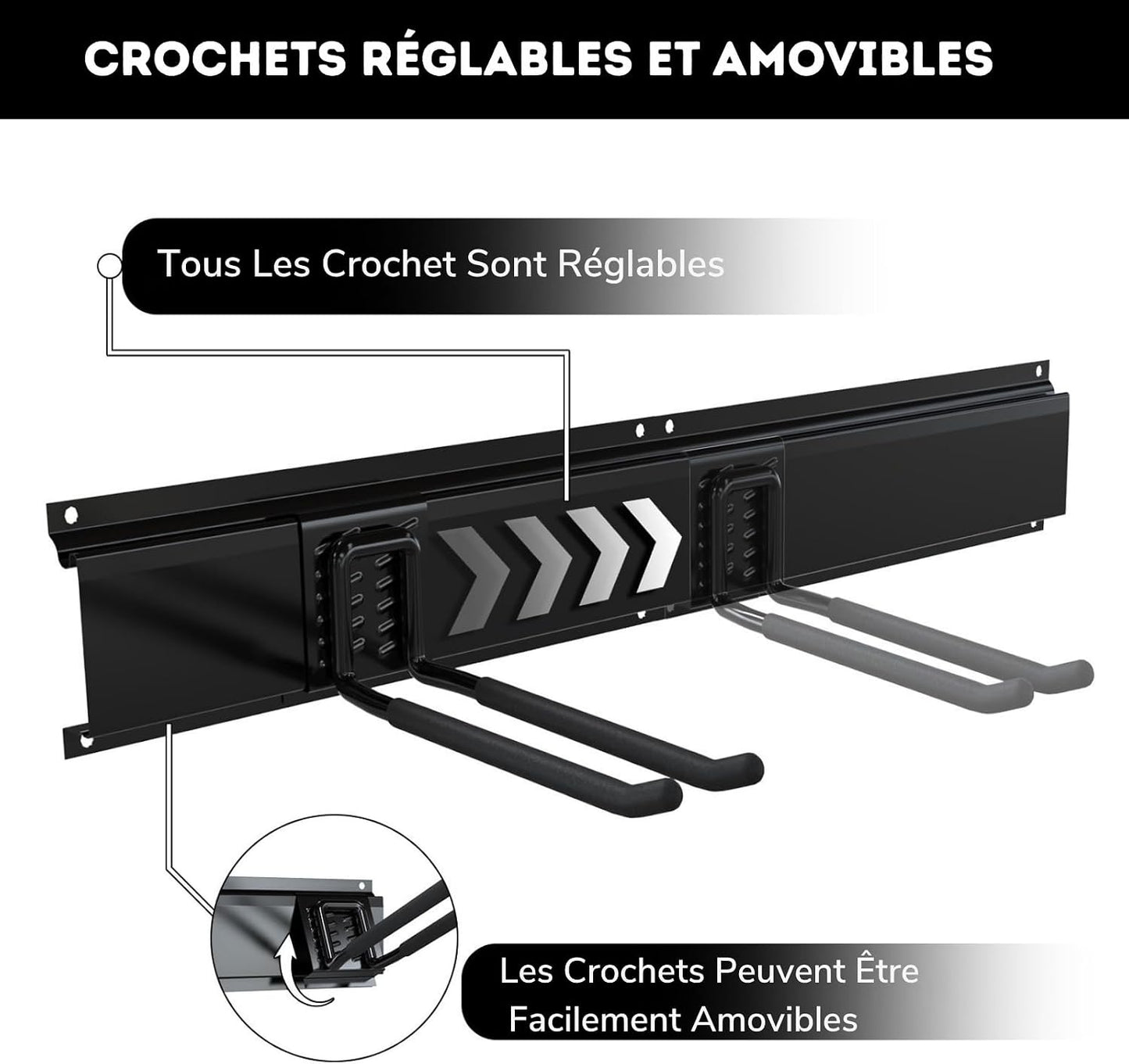  3-H Porte Outils Mural Jardin 120cm, Range Outils De Jardin En Acier Carbone Avec 3 Rails & 10 Crochets De Garage Réglables & 4 Crochets S & 4 Sangles | Support Mural Modulable Pour Ski Balai Râteau