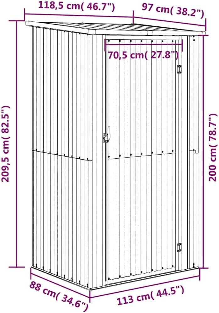  Abri De Jardin Gris 118,5x97x209,5 Cm En Acier Galvanisé, Abri De Rangement Extérieur Avec Toit En Pente Et Porte Verrouillable Pour Outils