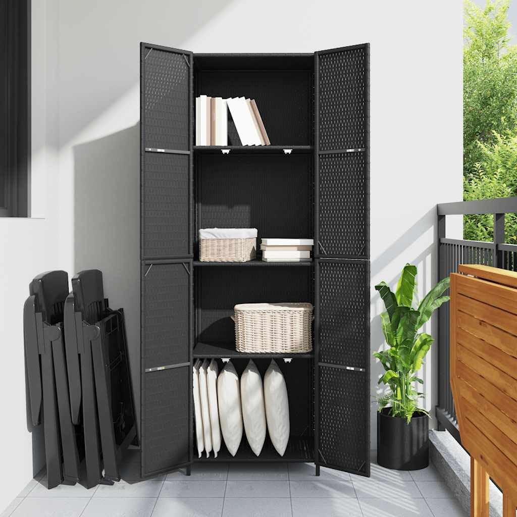  Armoire De Jardin En Polyrotin Noir 59 X 40 X 180 Cm Avec Espace De Rangement Et Casier, Résistante Aux Intempéries, Avec Poignées En Bois D'acacia Massif Et Cadre En Acier Revêtu Par