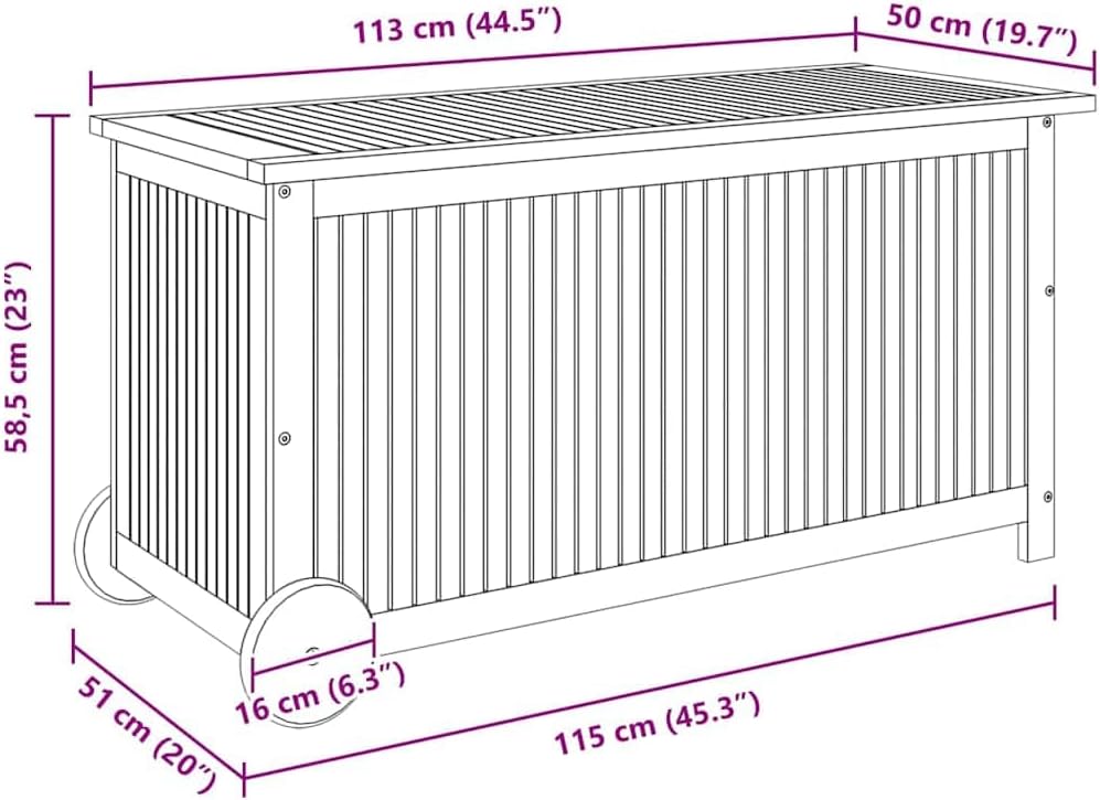  Coffre De Jardin En Bois D'acacia Massif - 113 X 50 X 58 Cm - Avec Roulettes - Résistant Aux Intempéries - Coffre De Rangement Pour Balcon, Terrasse, Extérieur