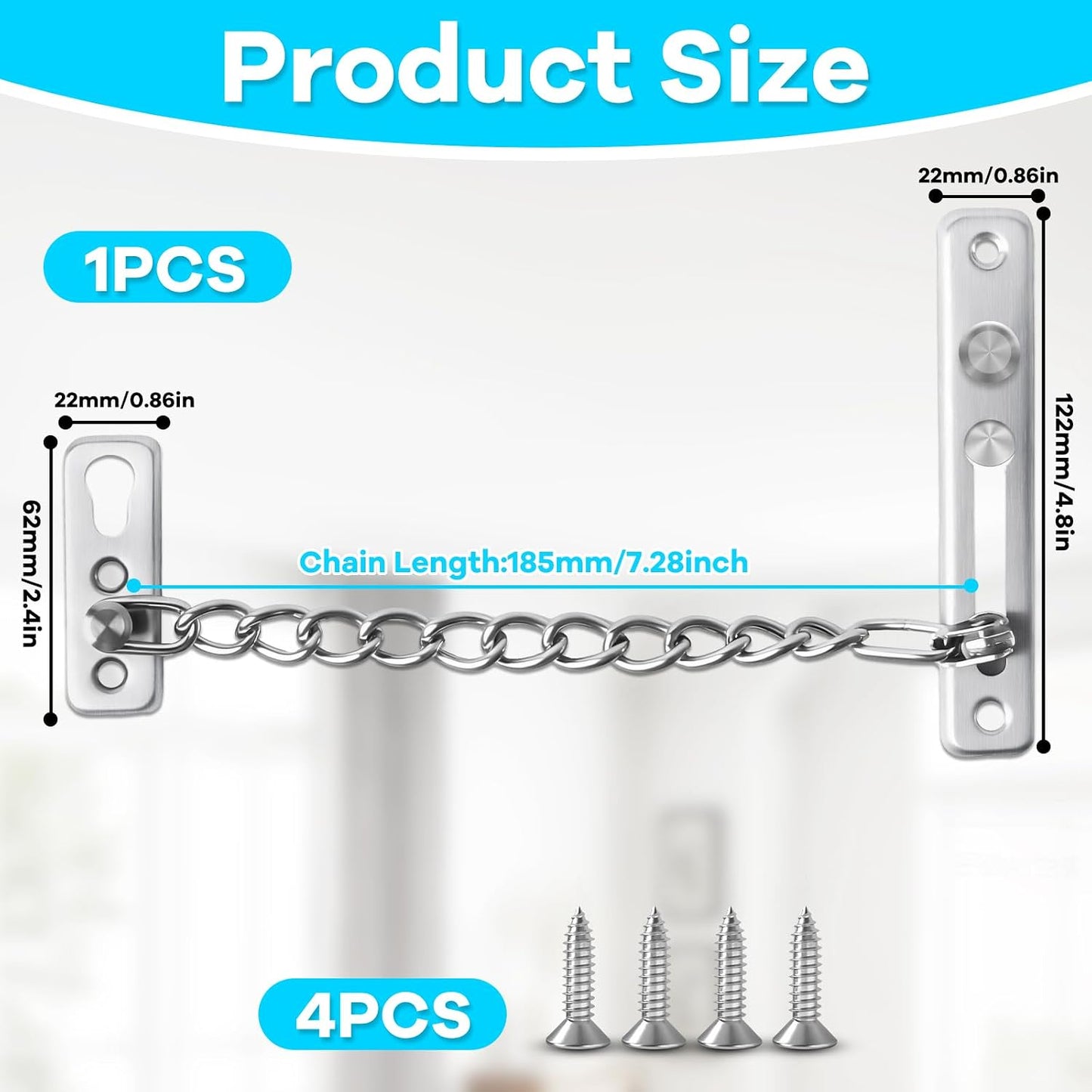  Elzle Chaîne De Sécurité Pour Porte En Acier Inoxydable, Avec Bouton Anti-Vol, 4 Vis Incluses, Sécurité Pour Porte D'Entrée, Portes Intérieures & Fenêtres (Argent)
