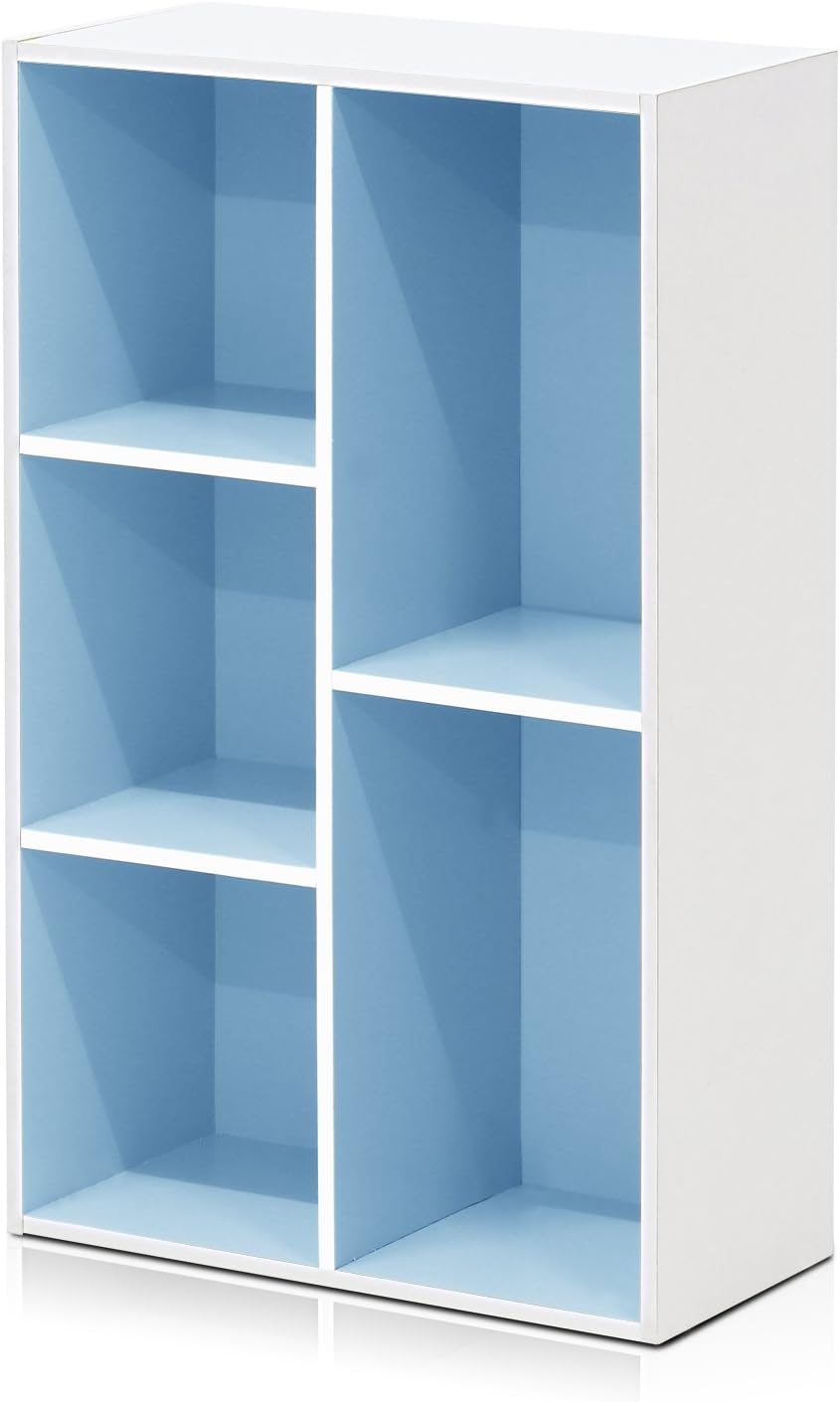 Furinno Luder Bibliothèque Etagère De Rangement Ouverte à 5 Cubes, Blanc/Bleu Clair