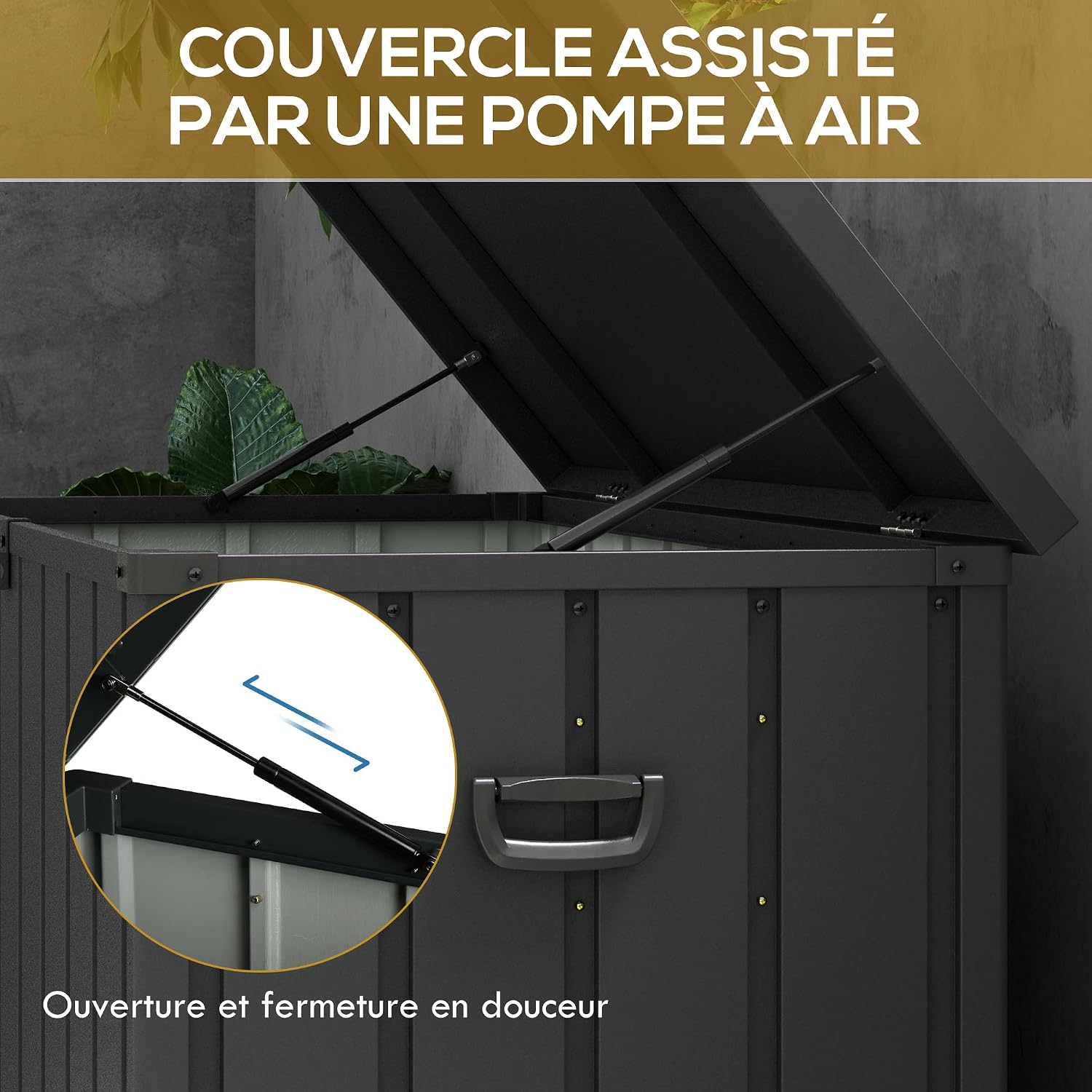  Outsunny Coffre De Rangement, Malle De Jardin, Capacité 450 L, Avec Poignée, Roulettes Et Vérin à Gaz, En Métal, 125,5 X 61,5 X 70 Cm, Gris Foncé