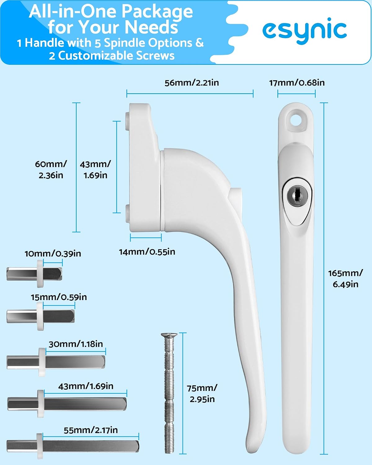  ESynic 1 Lot De Poignées De Fenêtre Blanches Pour Fenêtres En UPVC Verrouillables Universelles Avec Clé, 5 Broches Multiples, Vis Coupables, S'adapte Au Centre De 43 Mm, Pour Fenêtre Et Porte De
