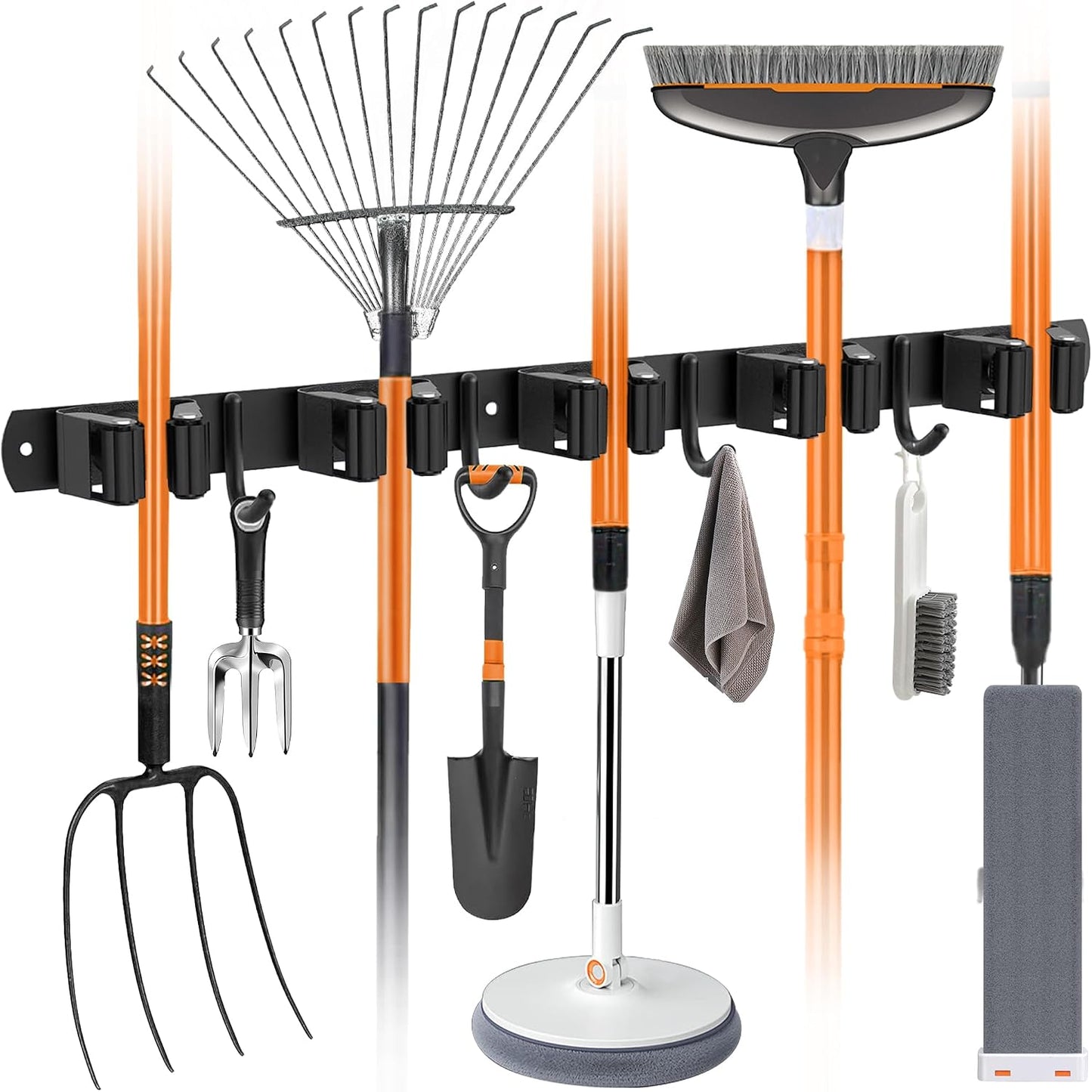  Accroche Balai Mural, Porte Balais Mural En Acier Inoxydable - 5 Supports + 4 Crochets, Support Balais Mural Sans Percer Noir, Utilisable En Cuisine, Salle De Bain, Jardin, Garage (1 Pièces)