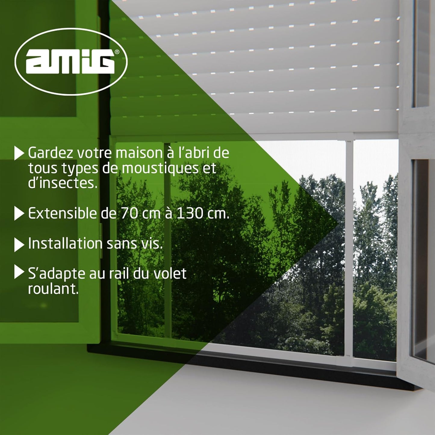  Amig - Moustiquaire Extensible Pour Fenêtres | Installation Sans Outils | S’adapte Dans L’emplacement Du Volet | 70 X 50 Cm | Ajustable Jusqu’à 130 Cm | Aluminium Blanc Et Maille En Fibre De Verre