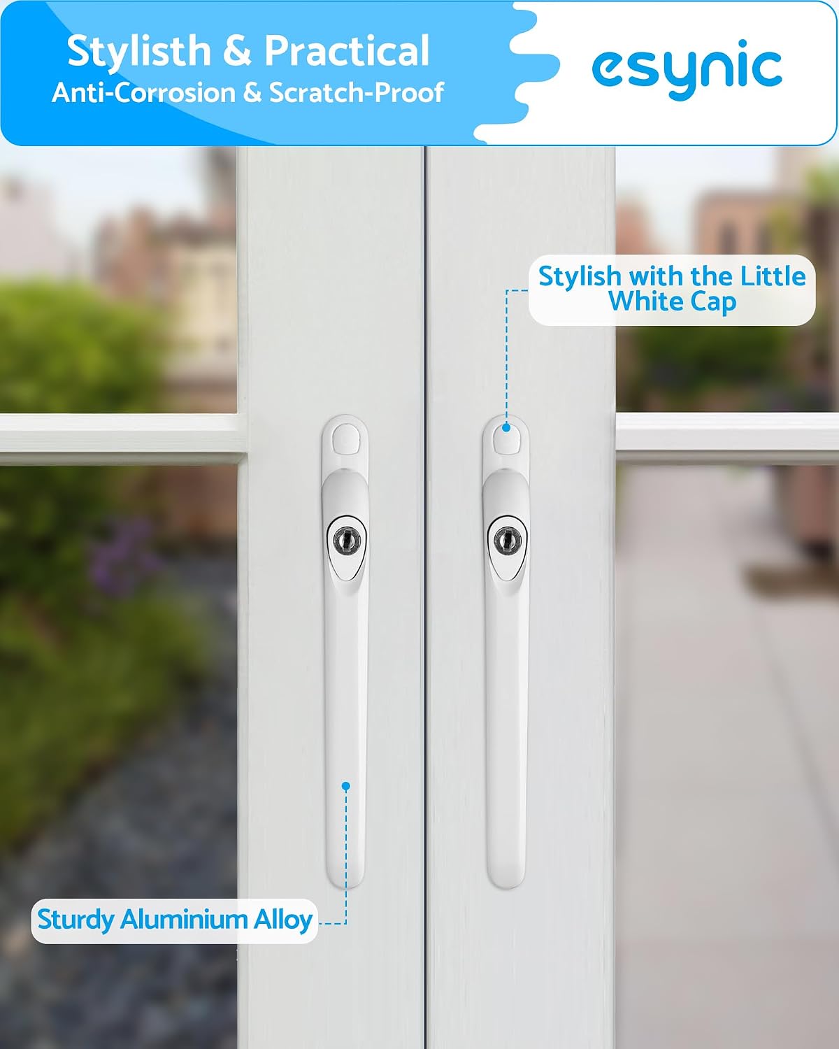  ESynic 1 Lot De Poignées De Fenêtre Blanches Pour Fenêtres En UPVC Verrouillables Universelles Avec Clé, 5 Broches Multiples, Vis Coupables, S'adapte Au Centre De 43 Mm, Pour Fenêtre Et Porte De