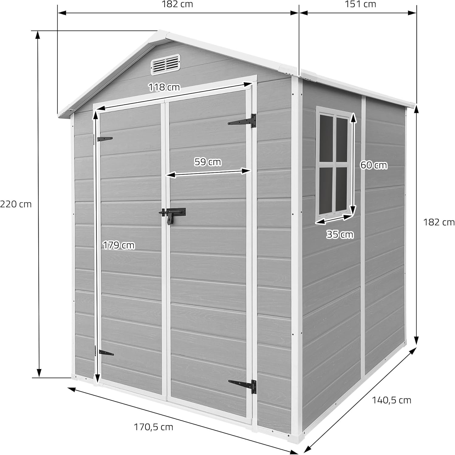  ECD Germany Abri De Jardin Avec Plancher En Résine PP 5m³ Gris Clair, Toit Double Pente, Fenêtre, Porte Double, Ventilation, Cabane De Rangement Extérieur 151x182x220 Cm, Résistant Aux Intempéries