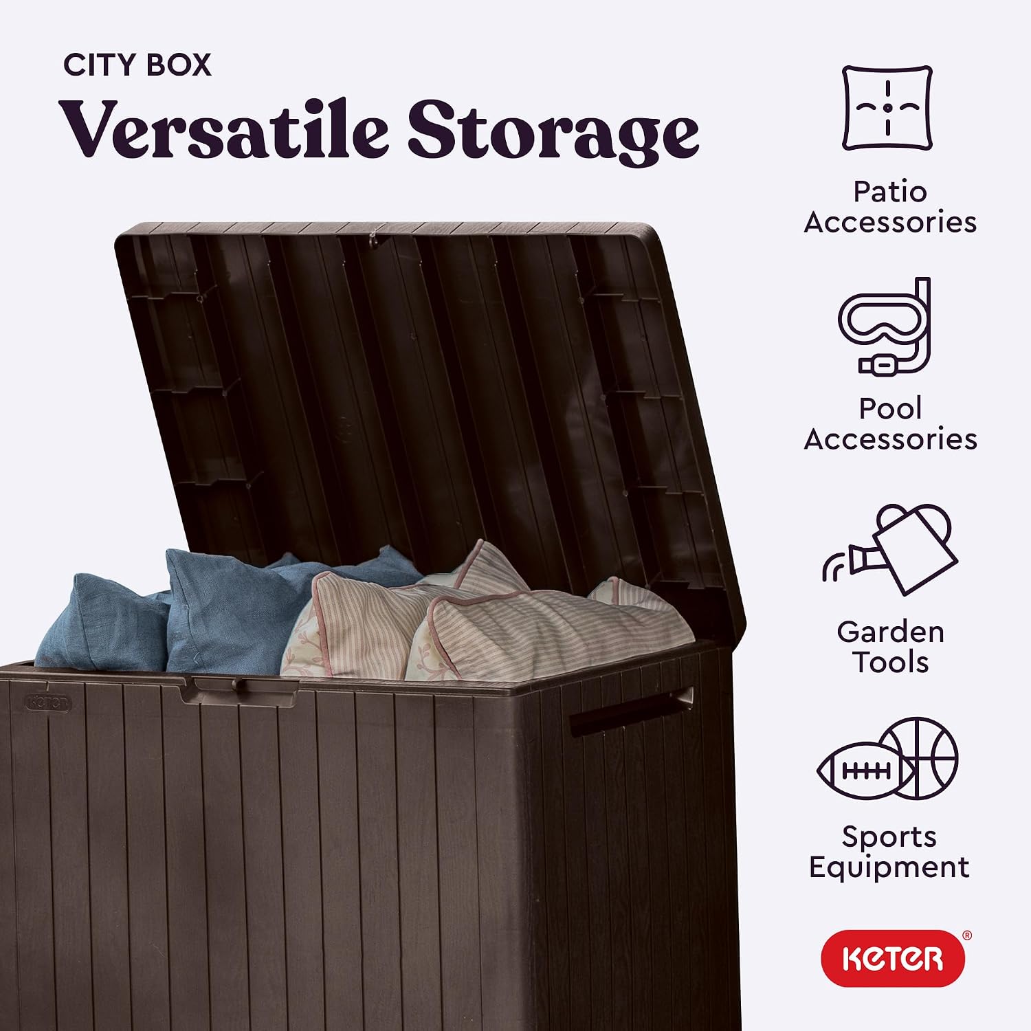  Keter City Boîte De Rangement En Résine Pour Meubles De Terrasse, Accessoires De Piscine Et Jouets D'extérieur Marron 30 Gallons