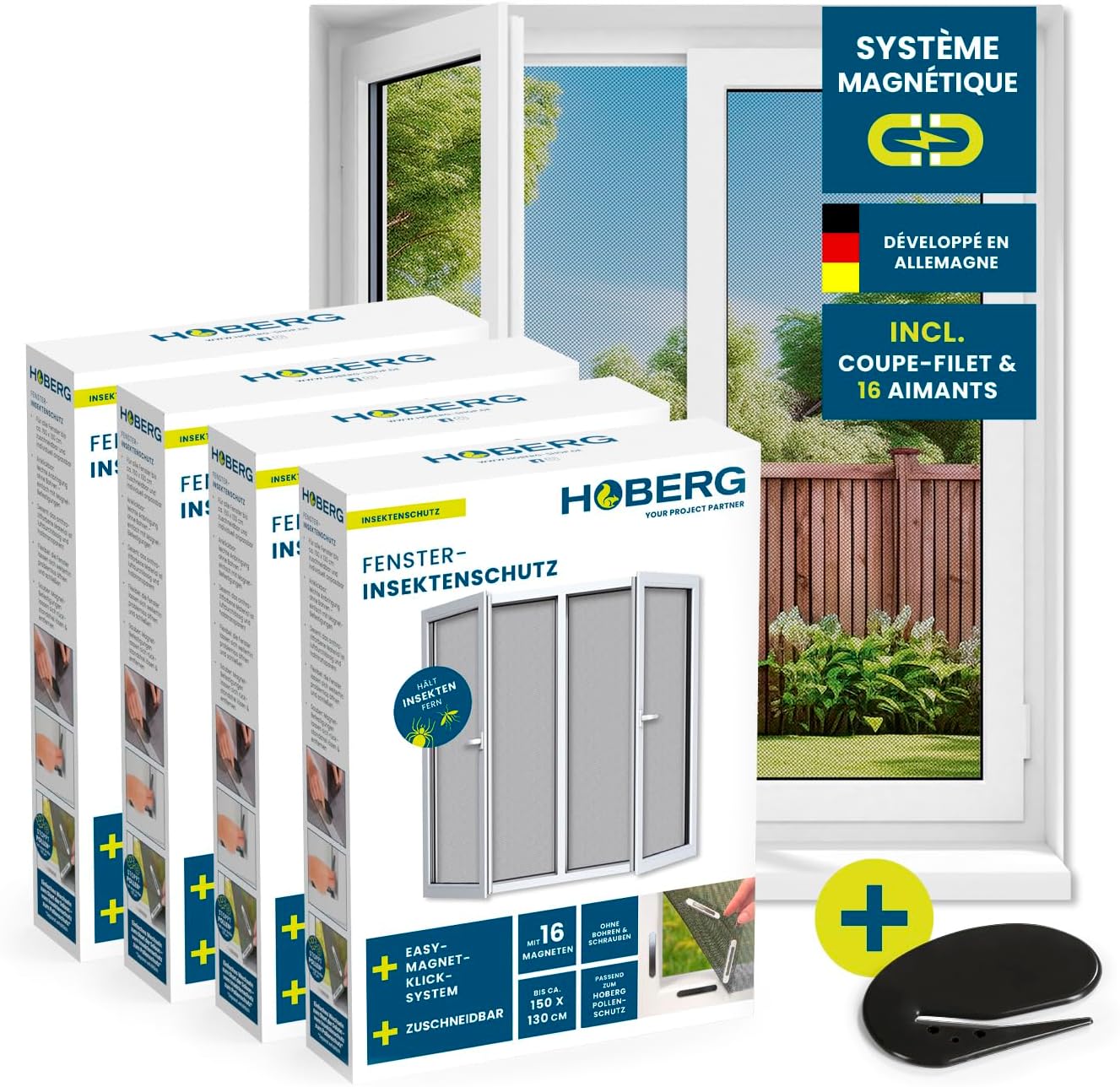  Hoberg Moustiquaire De Fenêtre Avec Fixation Magnétique Innovante | Moustiquaire Jusqu'à 150 X 130 Cm Découpable Individuellement, Pas De Perçage Ni De Vissage | Fixation Avec 16 Aimants [Noir]