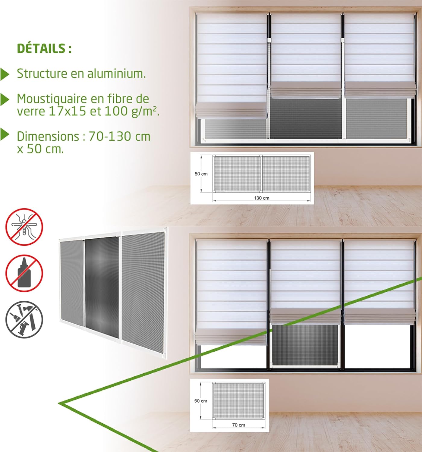  Amig - Moustiquaire Extensible Pour Fenêtres | Installation Sans Outils | S’adapte Dans L’emplacement Du Volet | 70 X 50 Cm | Ajustable Jusqu’à 130 Cm | Aluminium Blanc Et Maille En Fibre De Verre