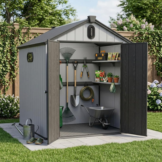  Abri De Jardin Résine 187x240 Cm – Cabanon Rangement Extérieur, Toit-Pointu, Double-paroi, Porte 180° – Pour Outils, Vélos, Tondeuse – Gris/Blanc