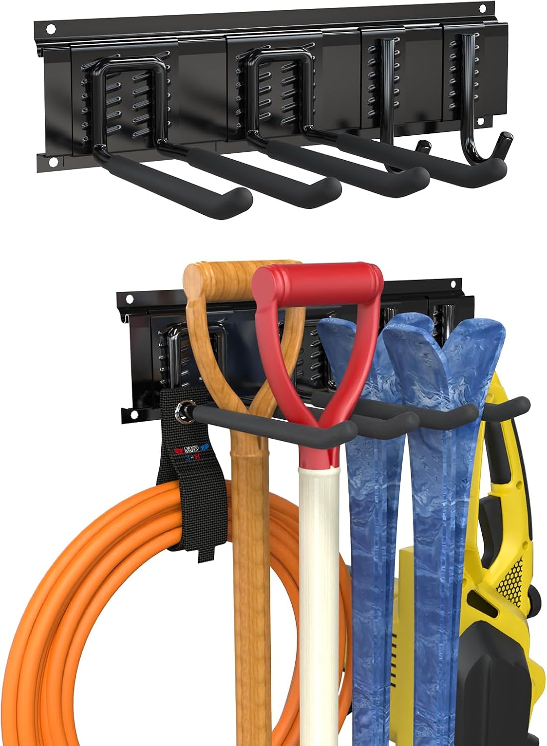  3-H Porte Outils Mural Jardin 120cm, Range Outils De Jardin En Acier Carbone Avec 3 Rails & 10 Crochets De Garage Réglables & 4 Crochets S & 4 Sangles | Support Mural Modulable Pour Ski Balai Râteau