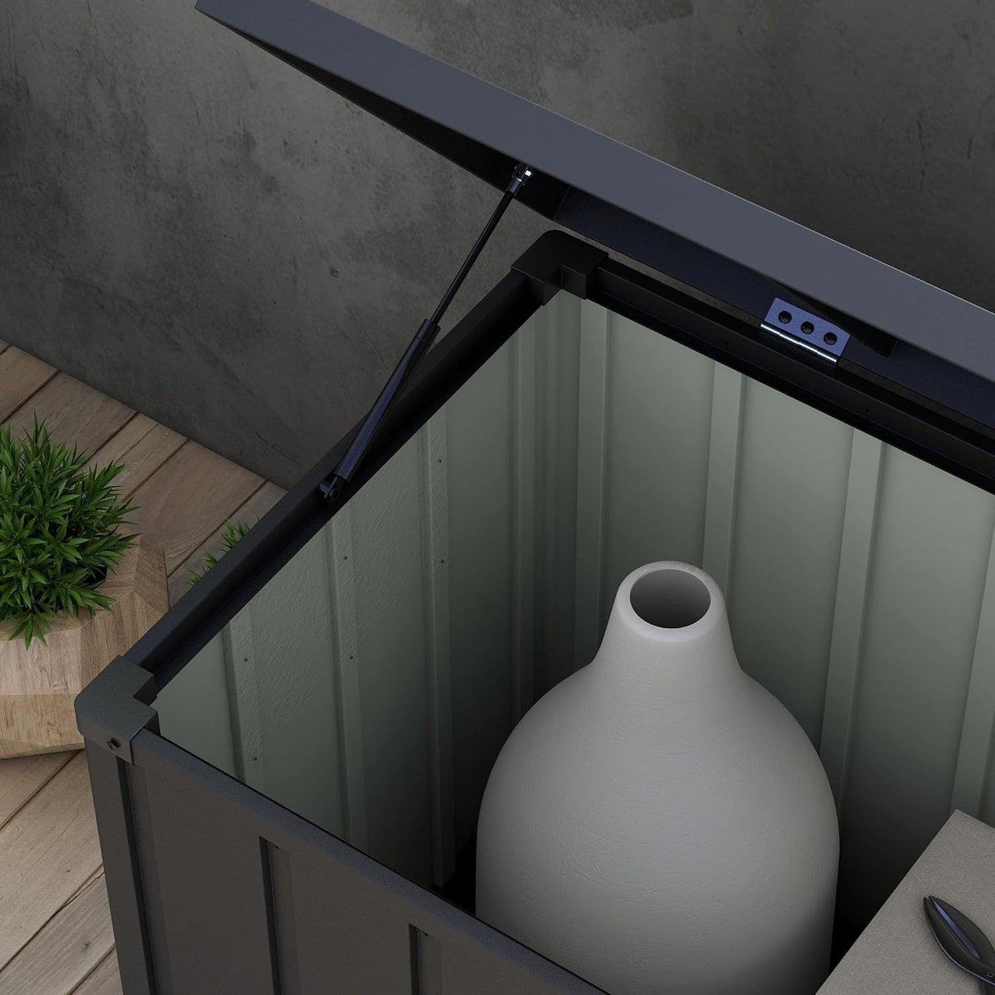  Outsunny Coffre De Rangement, Malle De Jardin, Capacité 450 L, Avec Poignée, Roulettes Et Vérin à Gaz, En Métal, 125,5 X 61,5 X 70 Cm, Gris Foncé