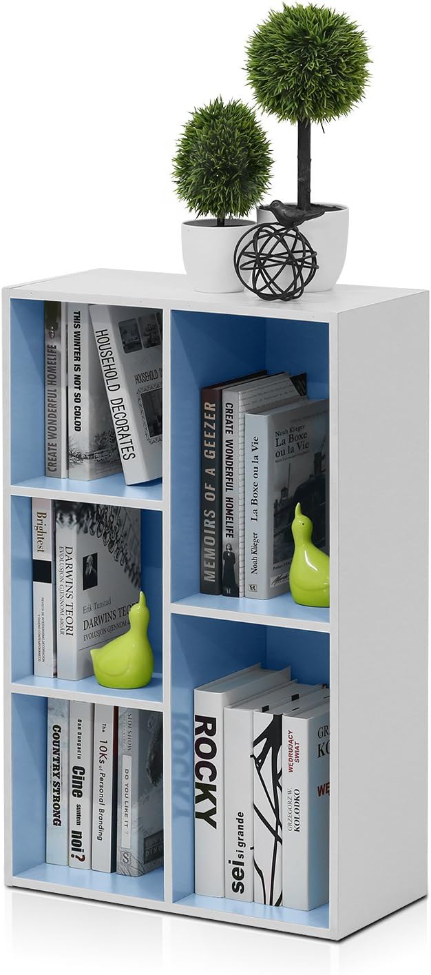  Furinno Luder Bibliothèque Etagère De Rangement Ouverte à 5 Cubes, Blanc/Bleu Clair