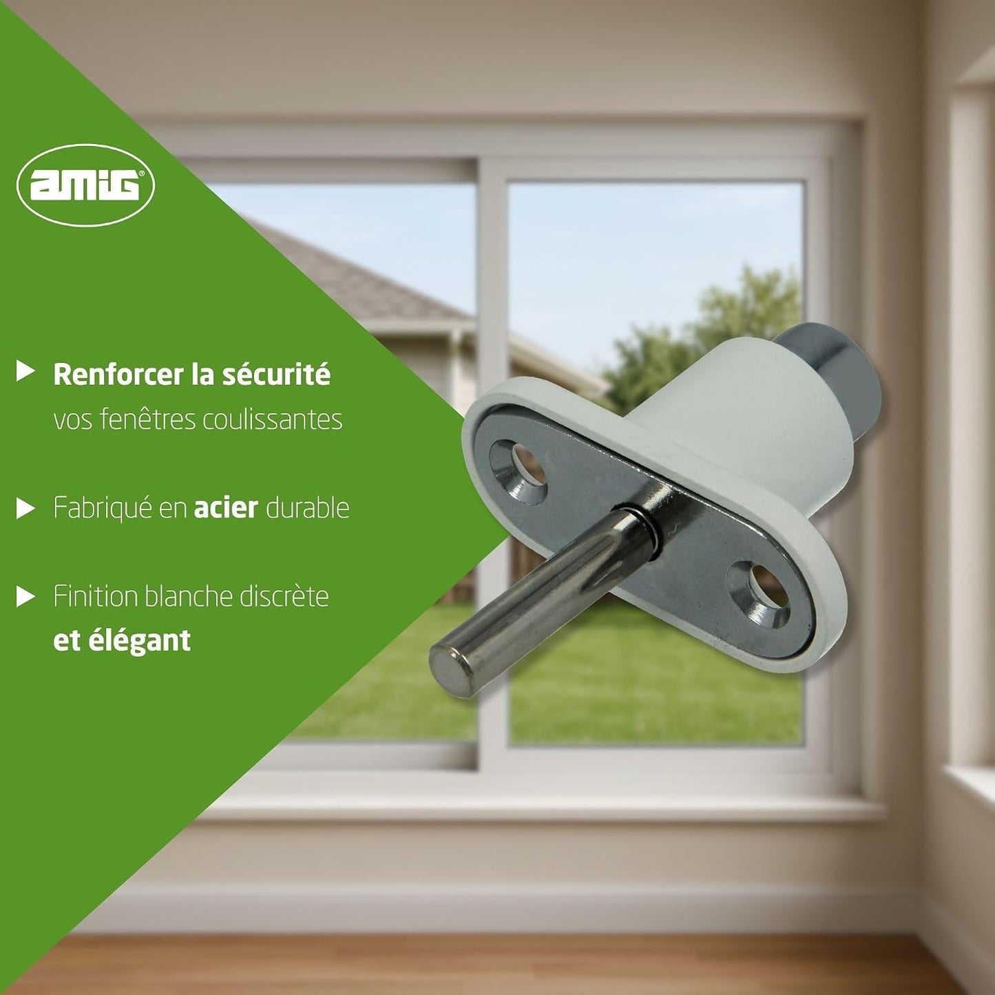  Amig - Security Lock For Sliding Windows Mod.45 | Zip Lock With 2 Keys + Lag Screws For Installation | Made Of Steel With White Finish | Dimensions: 53 X 23 Mm