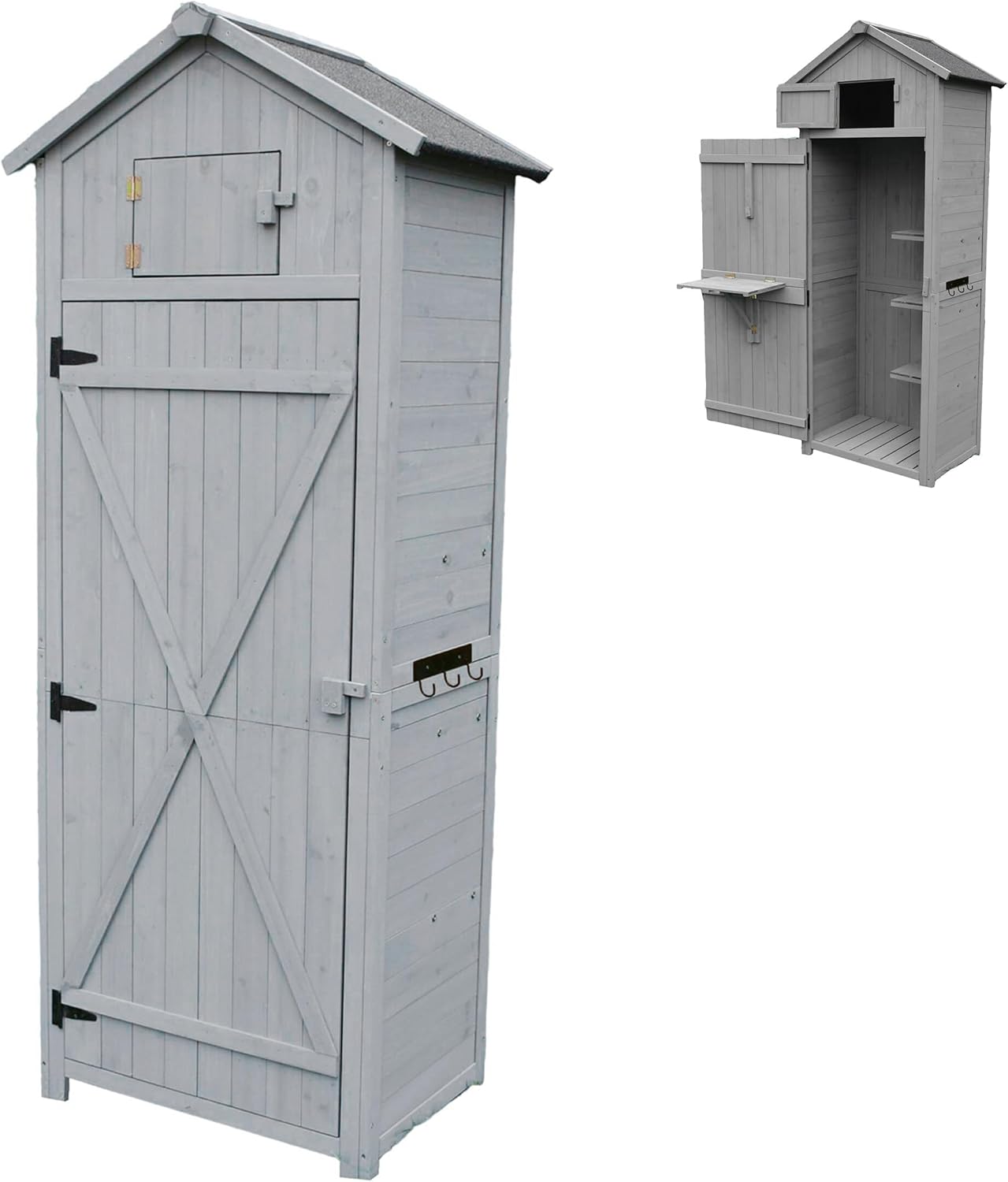  Relaxdays Armoire De Jardin, Bois, Toit étanche, 3 étagères, Table Pliante, H X L X P 180,5×75×50 Cm, Gris