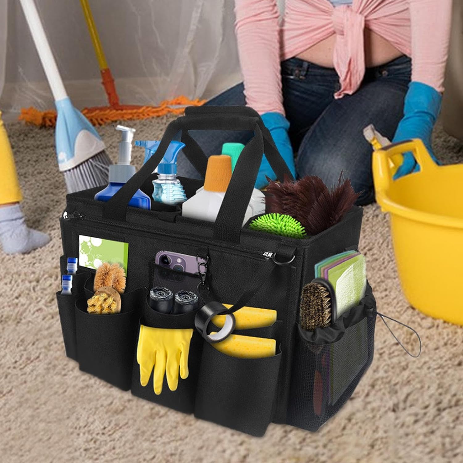  Générique Sac De Ménage,Sac Plébiable Pour Ménage - Porte-Outils Mesh Respirant Imperméable Avec Poignée Bretelle Pour Chiffons Époussetage Cuisine