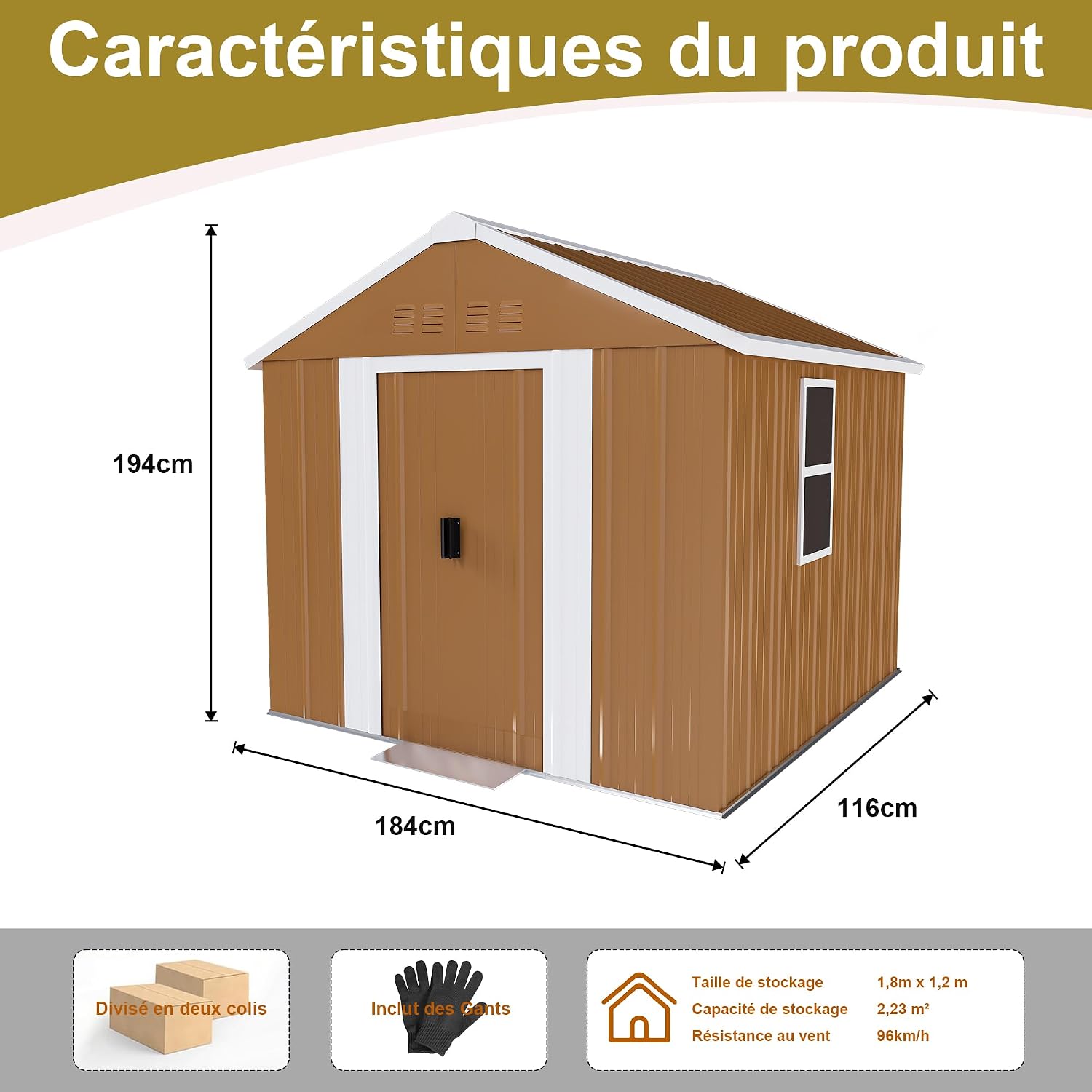 Abri De Jardin Métallique 184x116 Cm - Cabanon Extérieur Avec Fenêtre, Aération Et Porte Verrouillable, Rangement Vélos Et Outils, Sans Fondation (Brun)