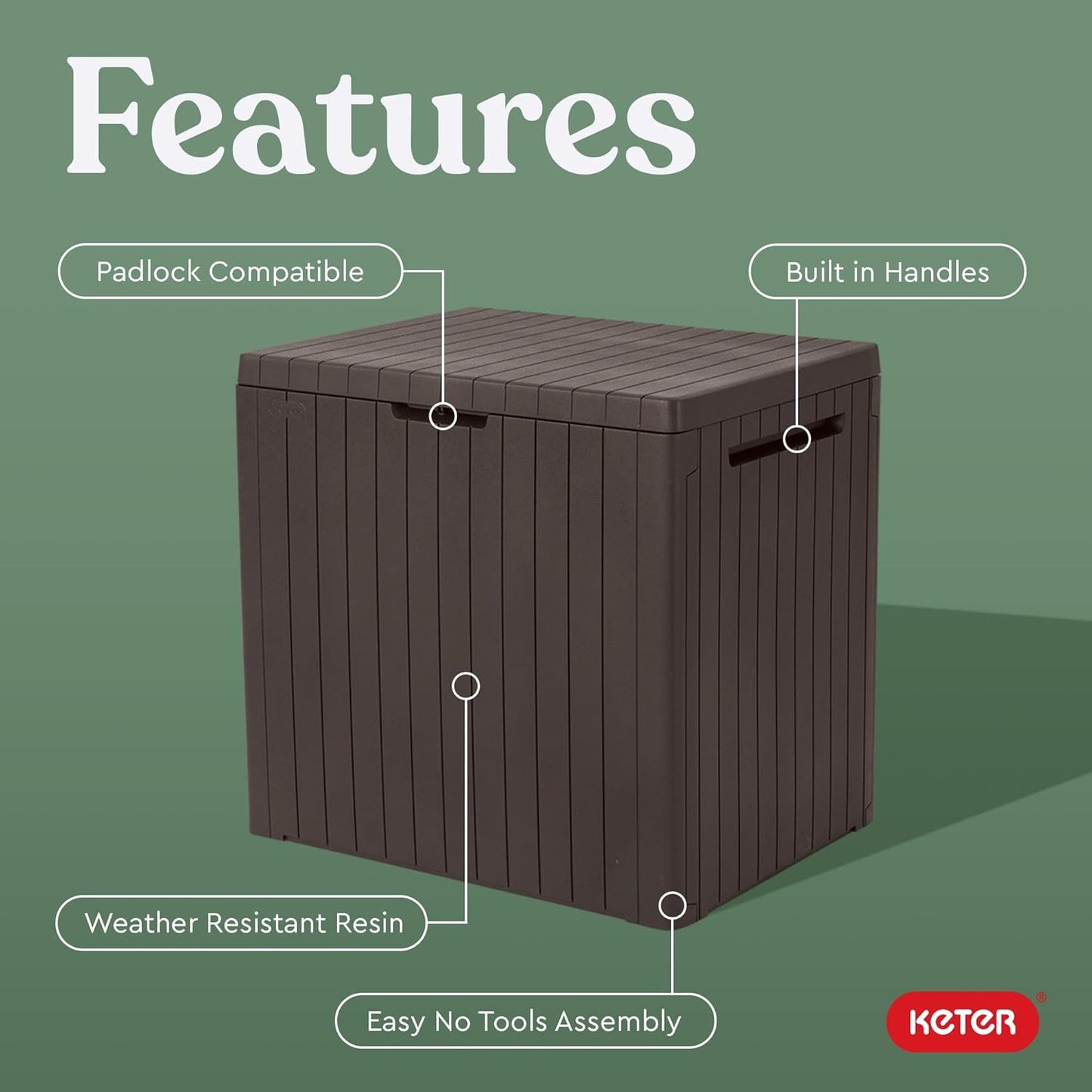  Keter City Boîte De Rangement En Résine Pour Meubles De Terrasse, Accessoires De Piscine Et Jouets D'extérieur Marron 30 Gallons