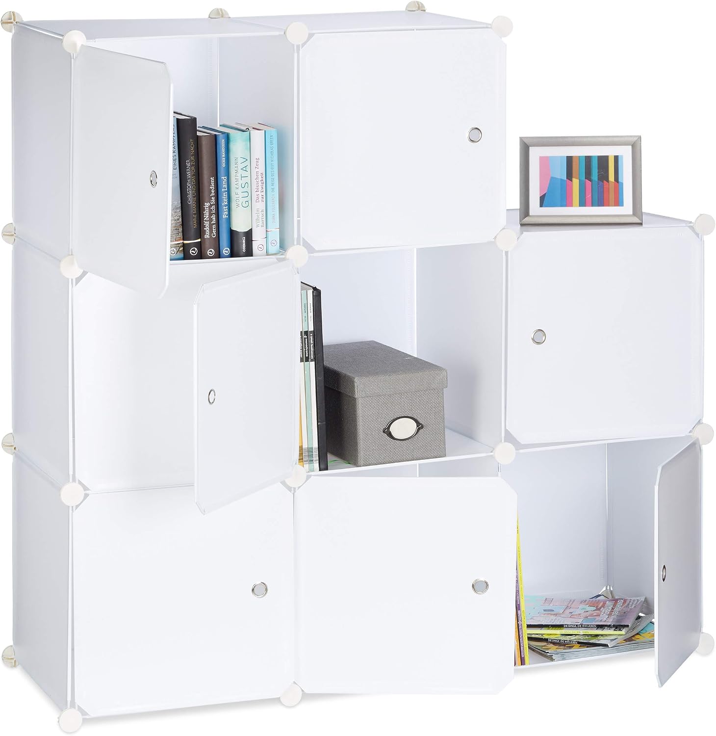  Relaxdays Étagère Rangement 9 Casiers Portes Plastique Modulable DIY Assemblage Plug In Bibliothèque, Blanc, 95.5 X 32 X 95.5 Cm