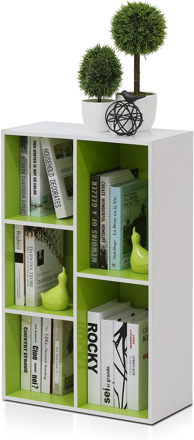  Furinno Luder Bibliothèque Etagère De Rangement Ouverte à 5 Cubes, Blanc/Vert