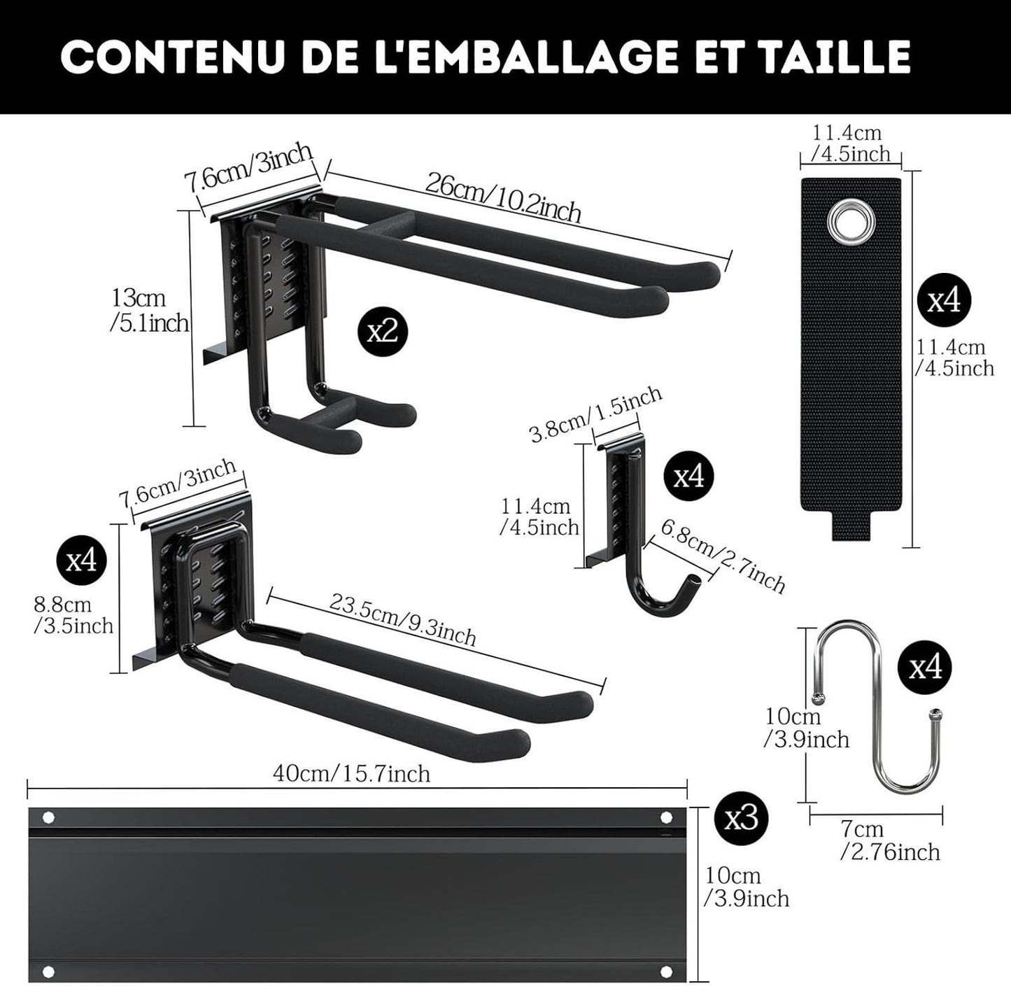  3-H Porte Outils Mural Jardin 120cm, Range Outils De Jardin En Acier Carbone Avec 3 Rails & 10 Crochets De Garage Réglables & 4 Crochets S & 4 Sangles | Support Mural Modulable Pour Ski Balai Râteau