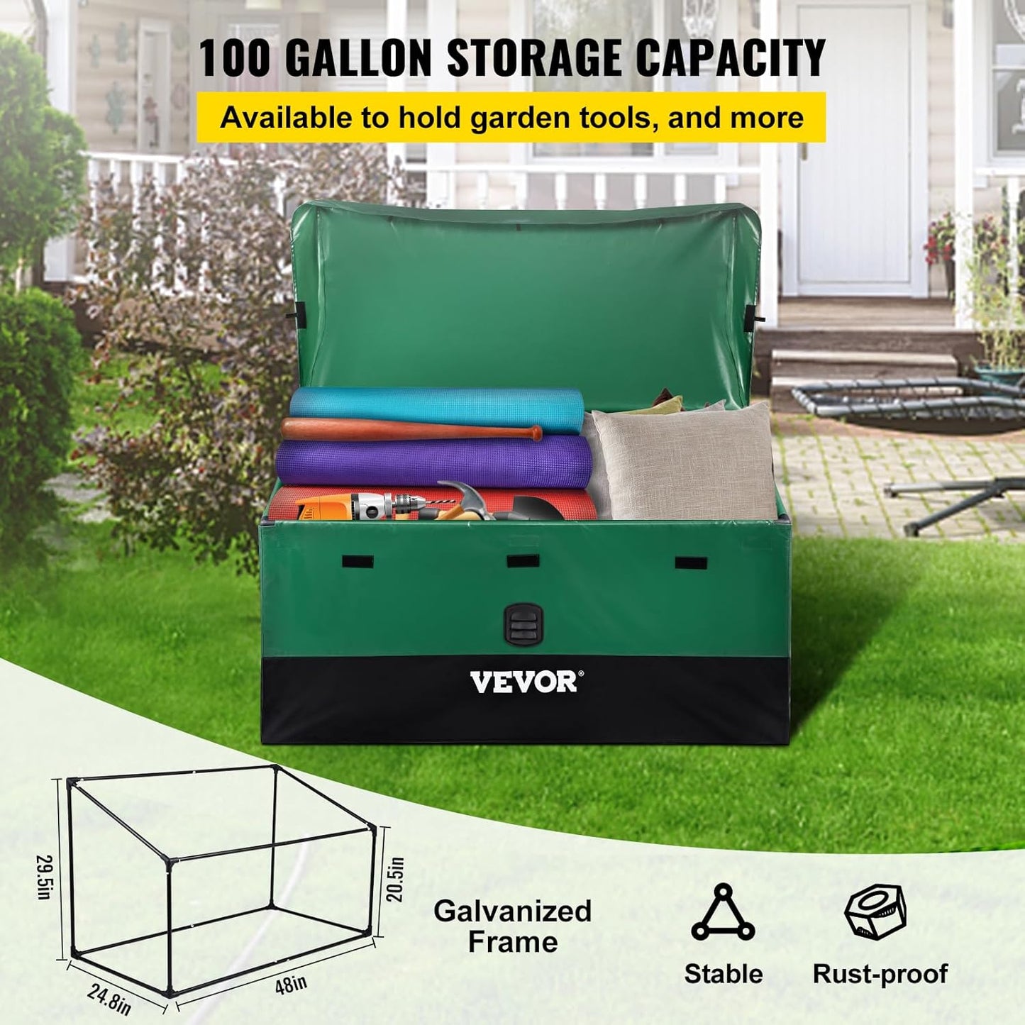  VEVOR Boîte De Rangement D'extérieur En Polyéthylène étanche Avec Cadre Galvanisé, Protection Contre Les Intempéries Et Portable, Pour Camping, Jardin, Piscine Et Cour, Noir Et Vert